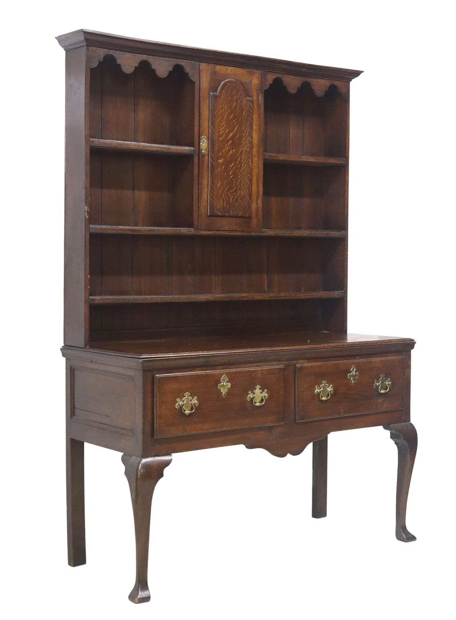 CARVED OAK WELSH DRESSER & PLATE RACK: Carved oak Welsh dresser, early 20th c., stepped molded cornice over scalloped frieze, single cabinet door flanked by open shelves, lower case fitted with two drawers, on cabriole legs, approx 72.25&q