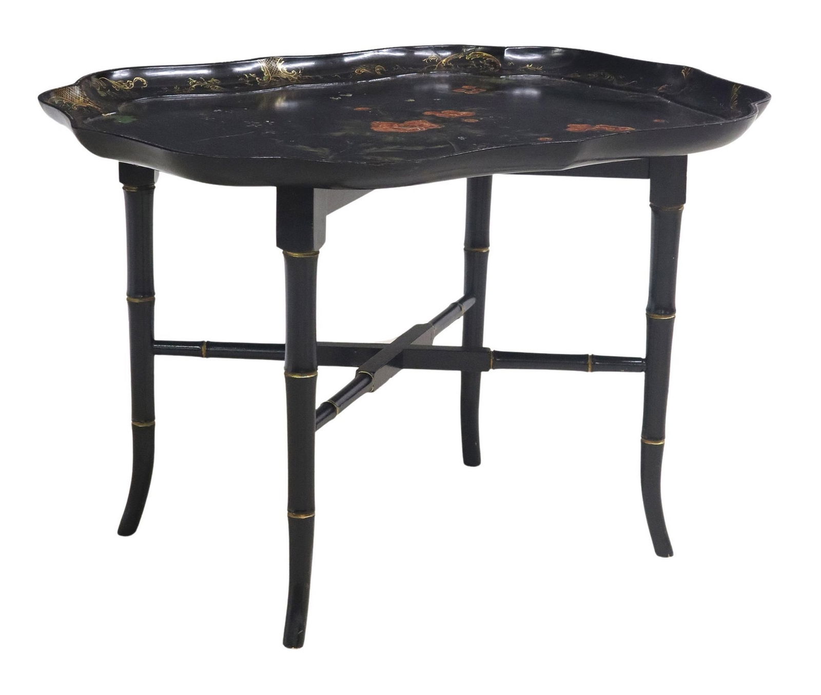 VICTORIAN LACQUERED PAPIER-MACHE TRAY-TOP TABLE: Victorian lacquered tray-top table, late 19th c., papier-mache tray with mother-of-pearl and parcel-gilt scroll border, painted poppy flowers, on stand with turned faux bamboo supports, small losses a