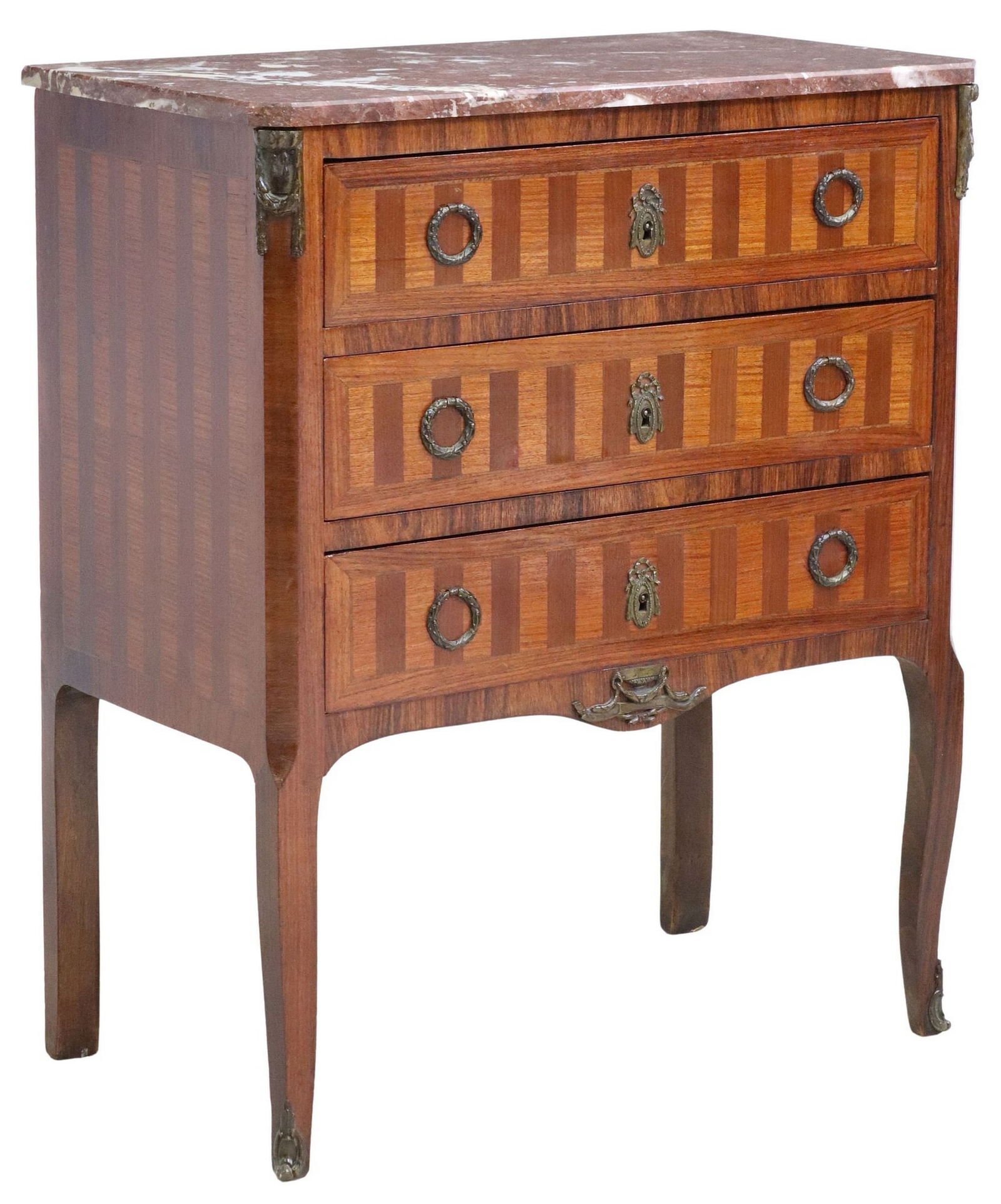 PETITE FRENCH TRANSITIONAL STYLE MARBLE-TOP INLAID COMMODE: French Transitional style inlaid petite commode, early 20th c., having marble top, over three drawers, with alternating striped parquetry, rising on cabriole legs, ending on sabots, approx 31.5"h