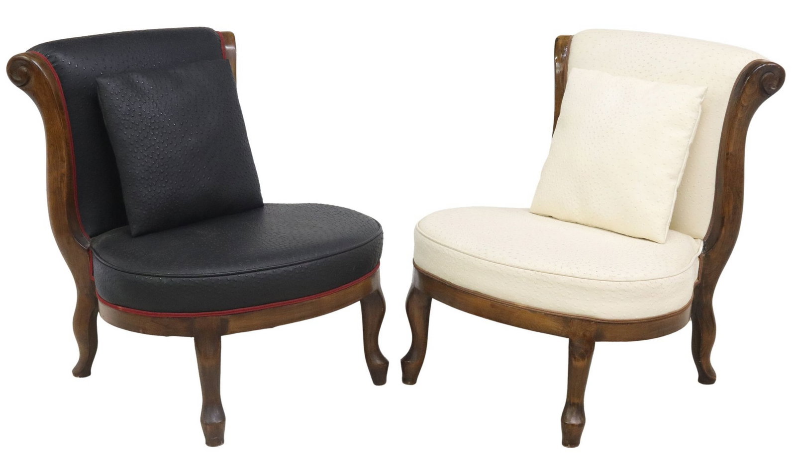 (2) ITALIAN OSTRICH LEATHER UPHOLSTERED LOW SLIPPER CHAIRS: (lot of 2) Italian low slipper chairs, 20th c., each having scrolled back and padded seat, in ostrich leather upholstery, rising on short cabriole legs, including: (1) in black leather, (1) in wh