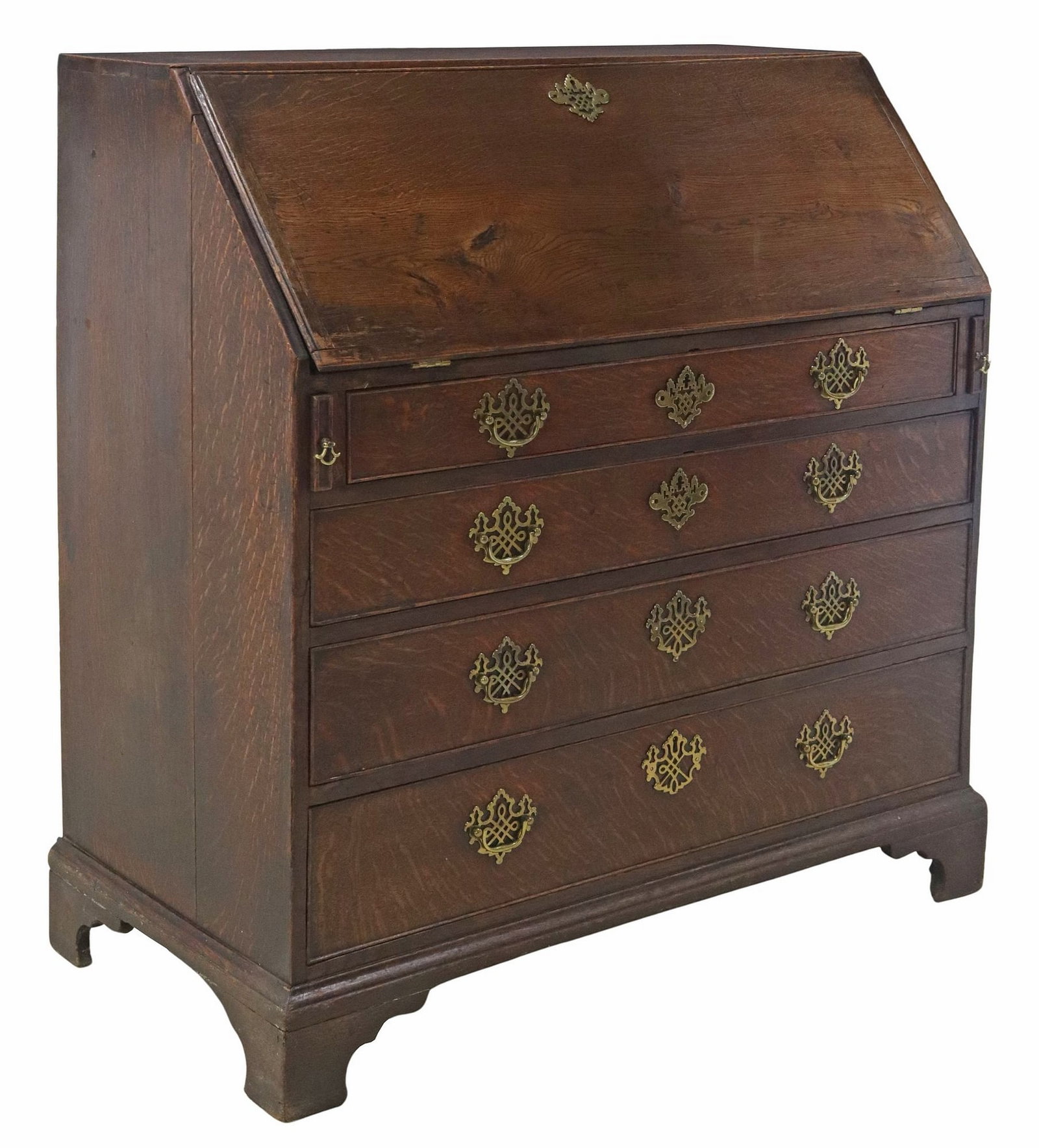 ENGLISH GEORGIAN PERIOD OAK SLANT-FRONT BUREAU: English Georgian period oak slant-front desk, late 18th c., having slant-front panel opening to interior gallery, with inset writing surface, lower case fitted with four graduated drawers, rising on b