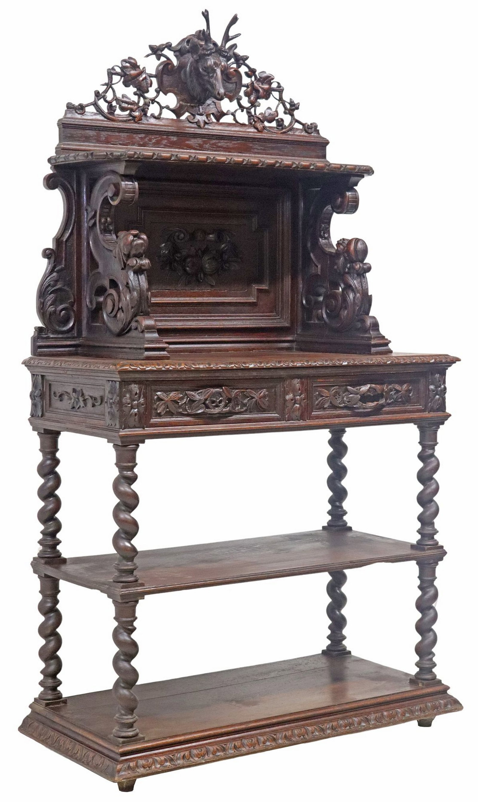 FRENCH HENRI II STYLE CARVED OAK SIDEBOARD SERVER: French Henri II style carved oak server, mid 19th c., having protruding stag's head crest, with lift-top concealing marble work surface, over two drawers, above spiral columns, joined by lower shelf, 