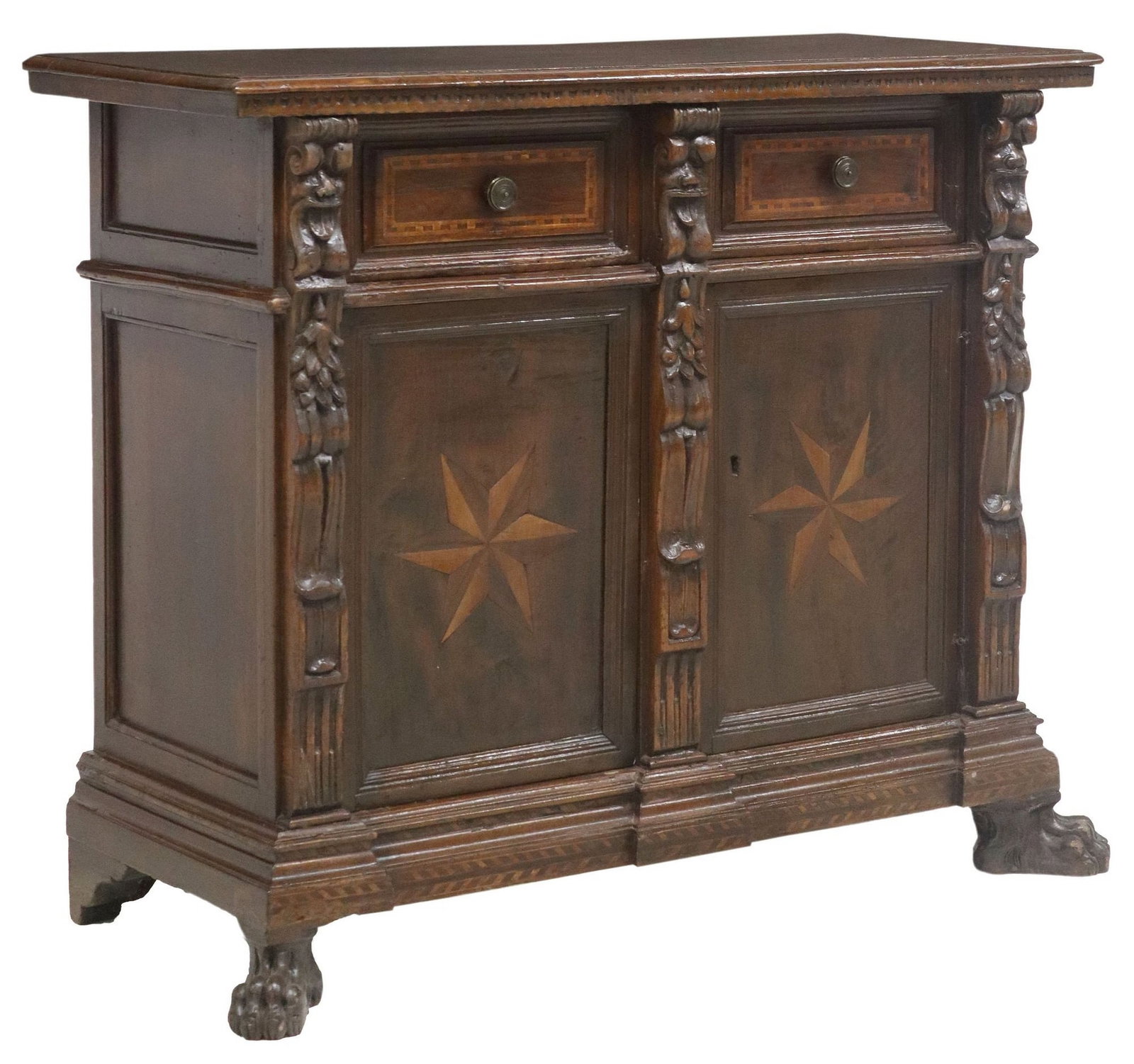 ITALIAN BAROQUE STYLE STAR PARQUETRY CARVED SIDEBOARD: Italian Baroque style carved sideboard, late 19th c., having two drawers with banded trim, above dual cabinet doors with inlaid star-form parquetry, revealing shelved interior, corner posts with 