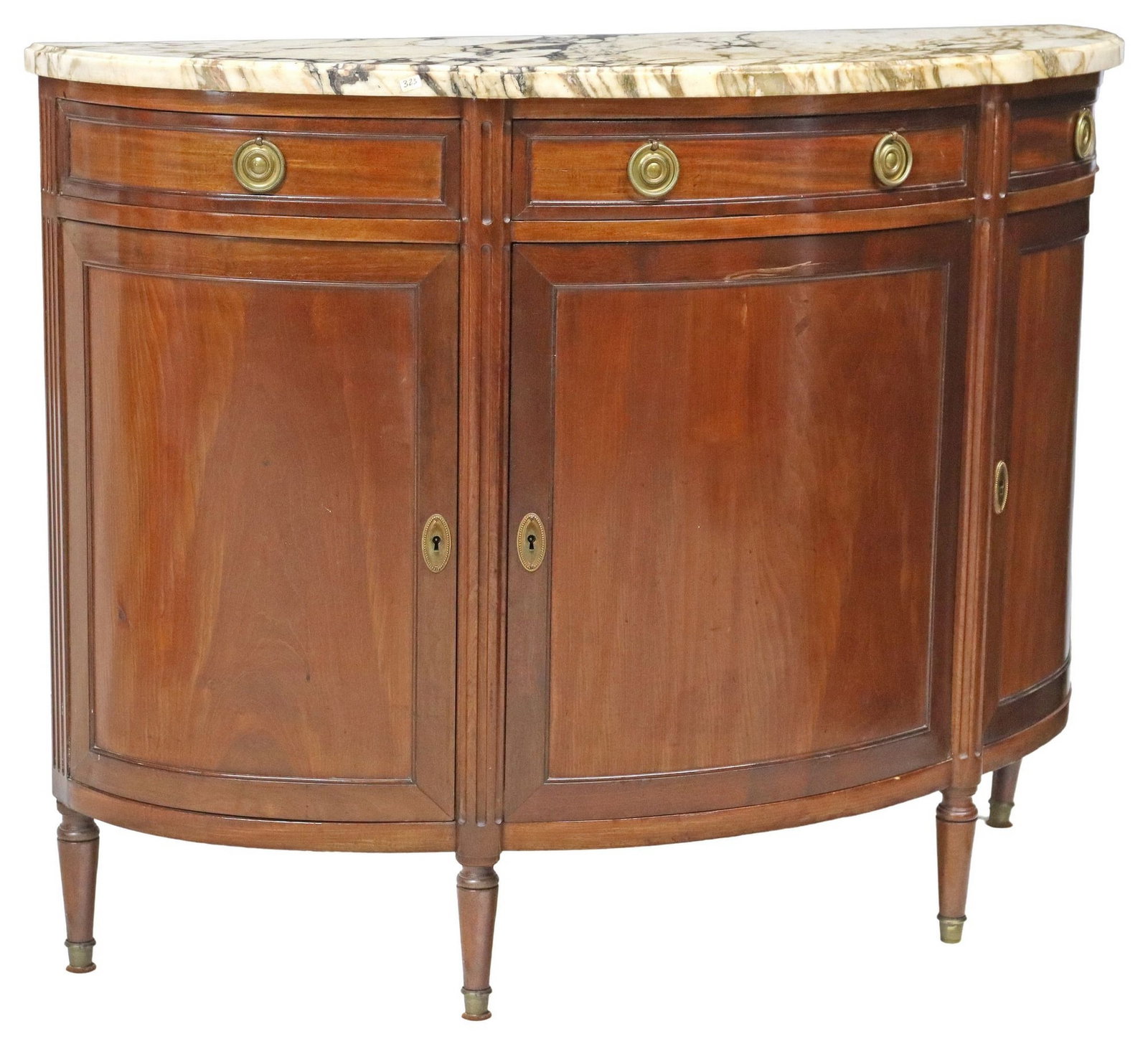 FRENCH LOUIS XVI STYLE MARBLE-TOP DEMILUNE SIDEBOARD: French Louis XVI style marble-top sideboard, early 20th c., demilune case fitted with three drawers, over three cabinet doors, on tapered legs, approx 39.5"h, 51.5"w, 18"d