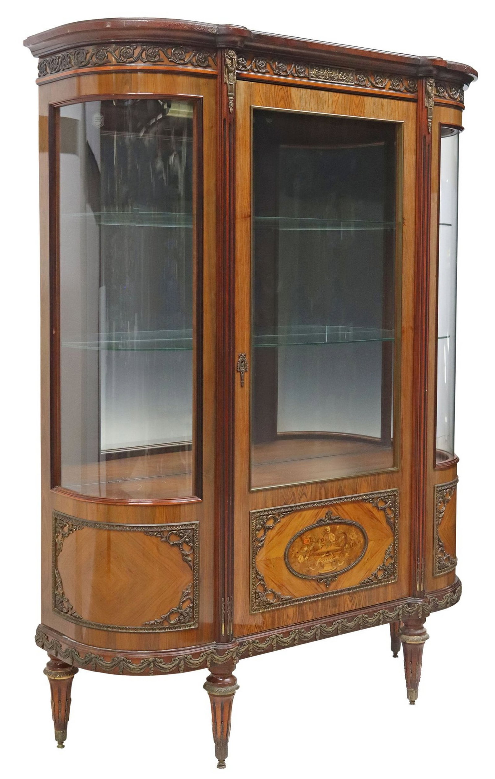 FRENCH LOUIS XVI STYLE MATCHED VENEER & MARQUETRY VITRINE CABINET: French Louis XVI style matched veneer vitrine/ display cabinet, 20th c., with glazed sides and cabinet door, revealing shelved interior with mirrored back, two electrified light fixtures to interior, 
