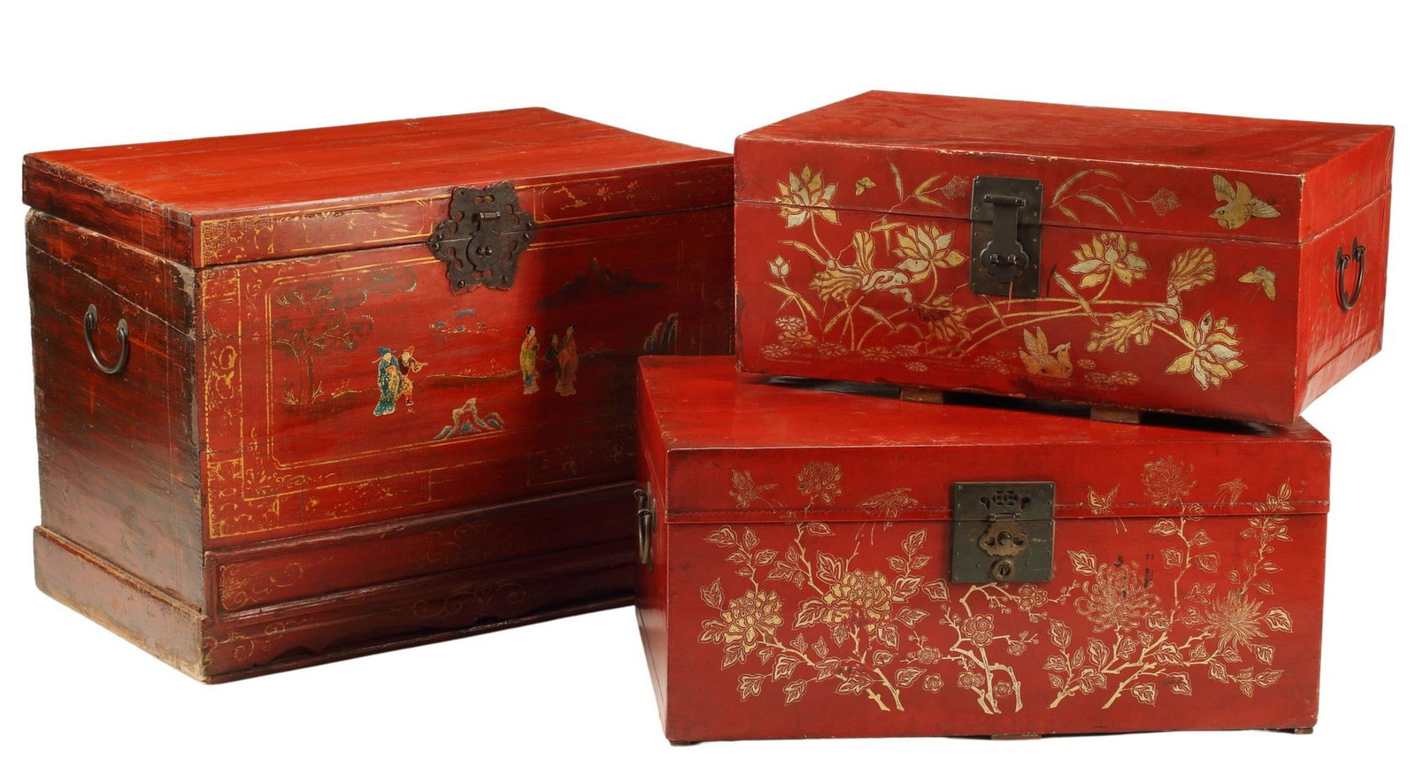 (3) CHINESE PARCEL GILT-DECORATED RED-LACQUERED TRUNKS: (lot of 3) Chinese parcel gilt red-lacquered trunks, (1) with figural landscape scene, (2) decorated with flowering vines, each opening to open interior, largest: approx 25"h, 33.5"