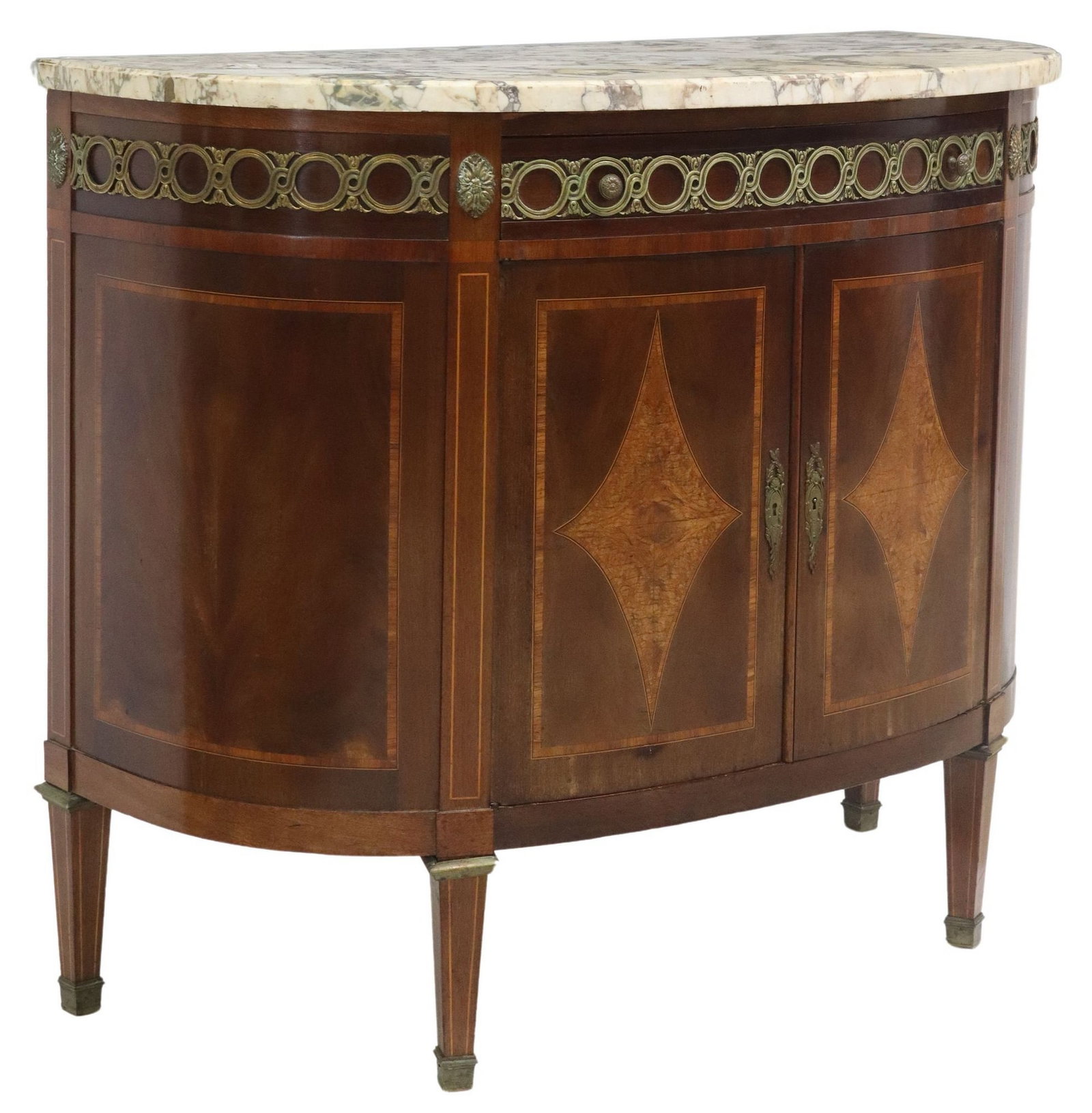 LOUIS XVI STYLE MARBLE-TOP BURLWOOD PARQUETRY SIDEBOARD: Louis XVI style demilune burlwood sideboard, early 20th c., having shaped marble top, above single drawer and dual cabinet doors, revealing shelved interior, mahogany facade with figured wood par