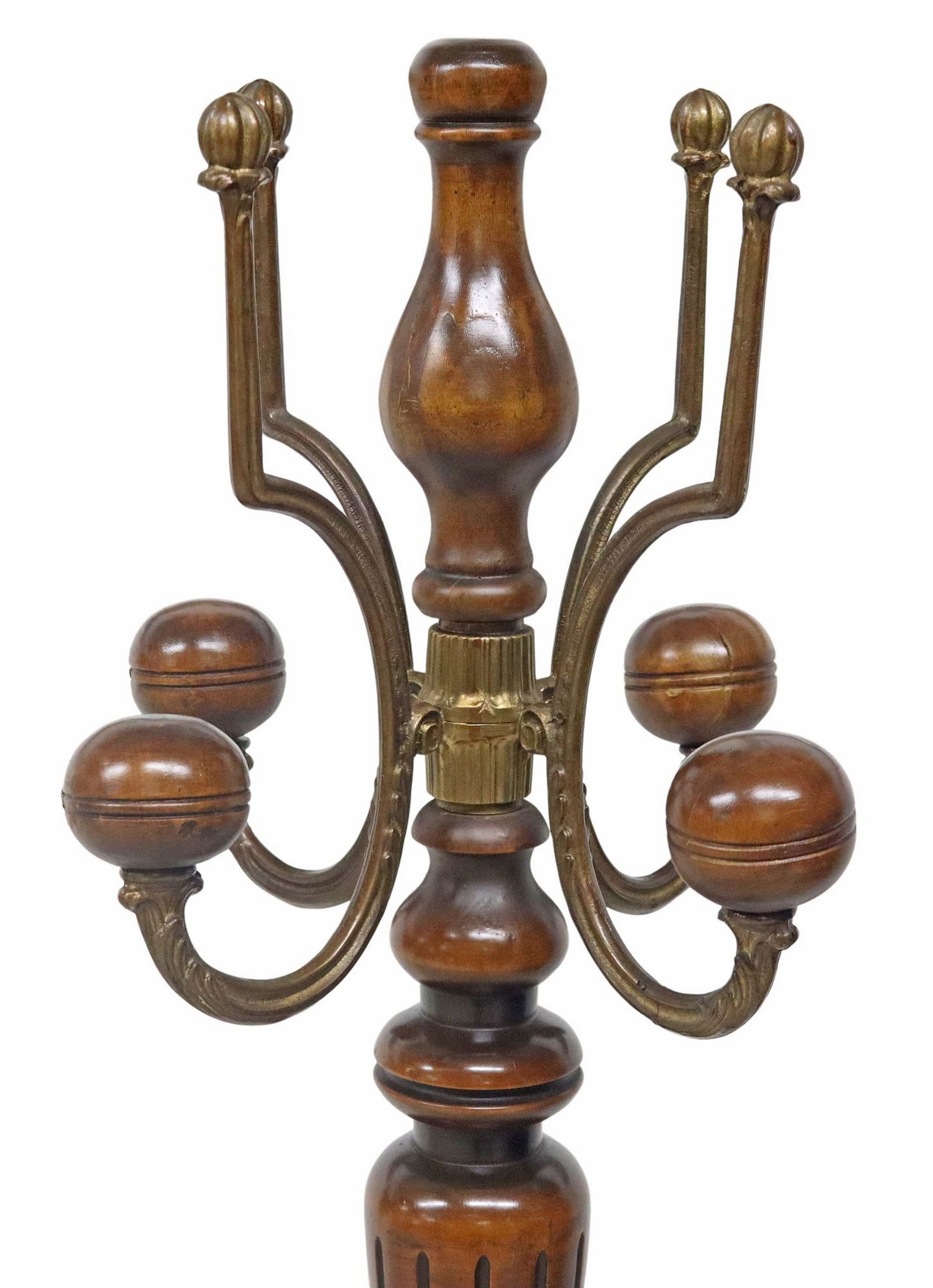 ITALIAN CARVED WOOD HALL TREE/COAT RACK: Italian carved hall tree/ coat rack, 20th c., having four top scrolled hooks with wood ends, over turned standard, ending on circular base, approx 69"h, 14.5"w