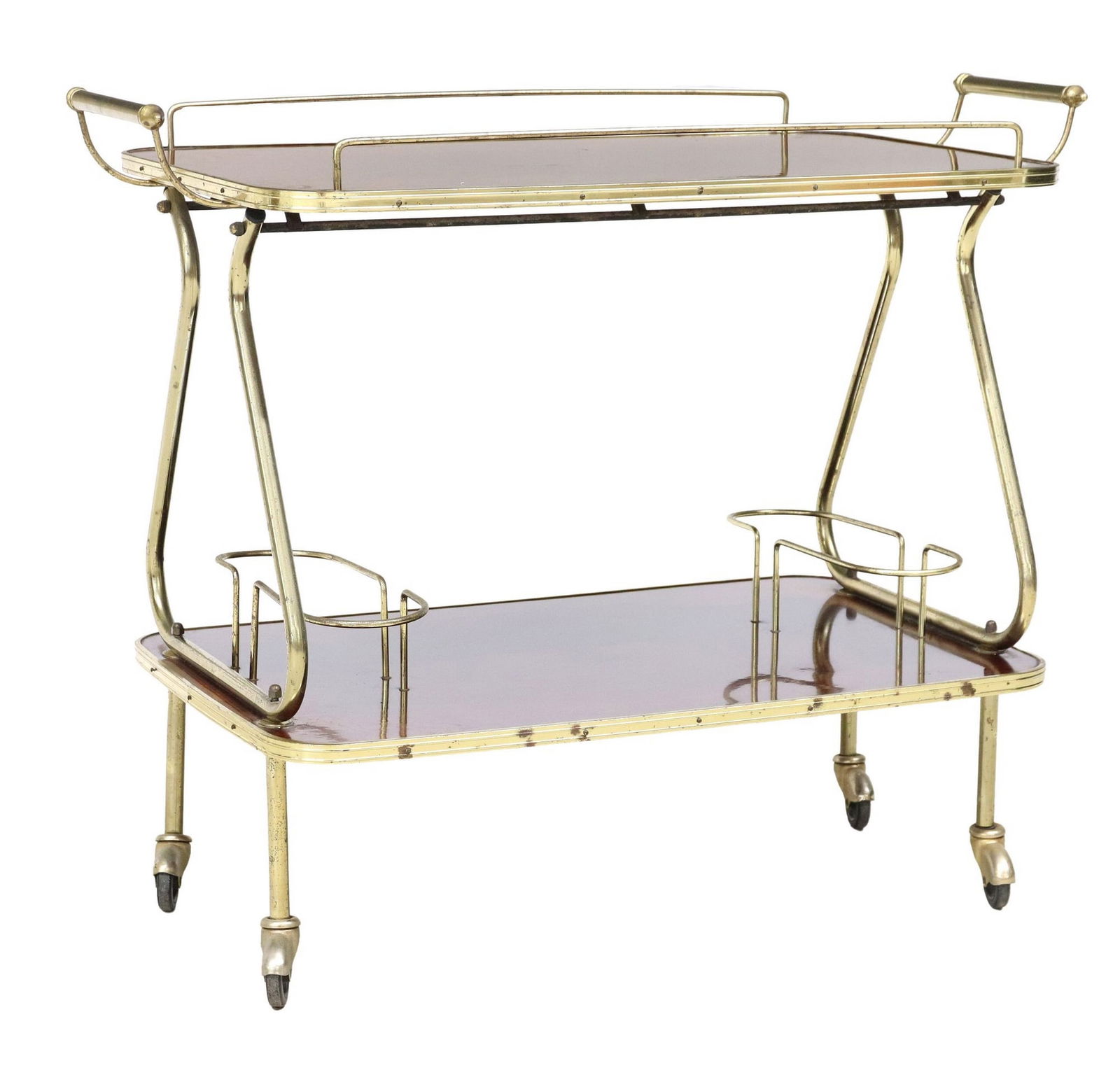 FRENCH GILT METAL & LACQUERED MAHOGANY SERVICE TROLLEY/ BAR CART: French service trolley/ bar cart, 20th c., two lacquered mahogany tiers with gilt metal frame, lower tier with two bottle racks, rising on casters, approx 27.5"h, 33"w, 16.75"d