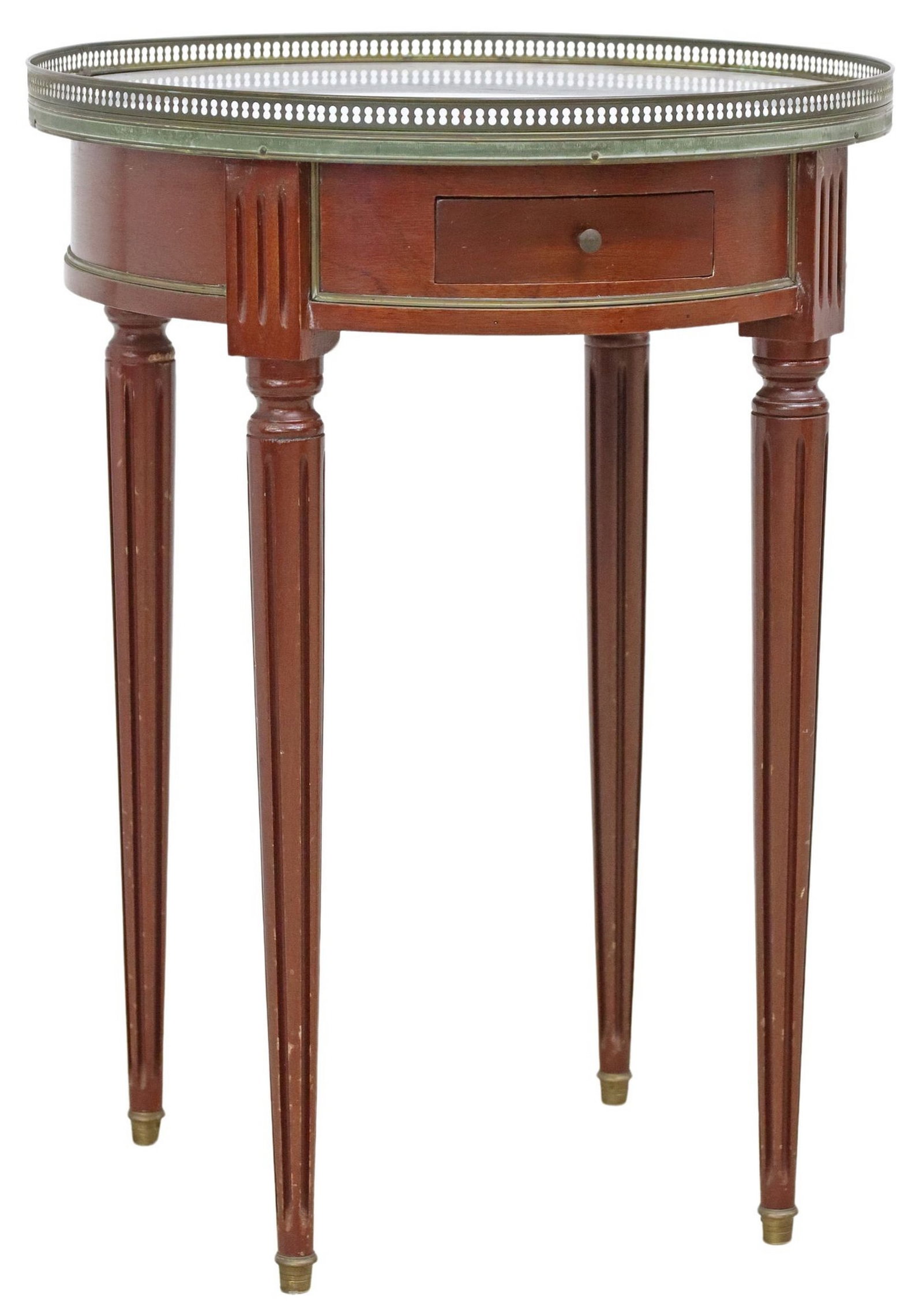 FRENCH LOUIS XVI STYLE MARBLE-TOP BOUILLOTTE TABLE: French Louis XVI style bouillotte table, 20th c., pierced gilt-metal gallery, enclosing the marble top, over a single frieze drawer, on tapering fluted legs, approx 28.75"h, 21.25"diam