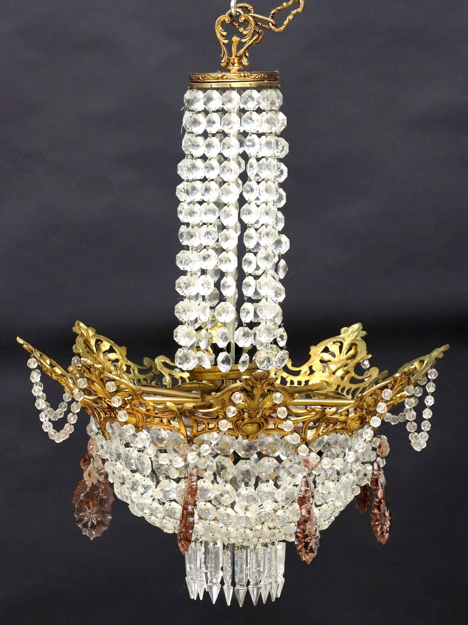 ITALIAN EMPIRE STYLE GILT METAL & CRYSTAL BEADED SWAG 6-LT CHANDELIER: Italian Empire style gilt metal and crystal six-light chandelier, early 20th c., cylindrical beaded standard concealing two upper lights, above pierced circular frame with molded foliates an