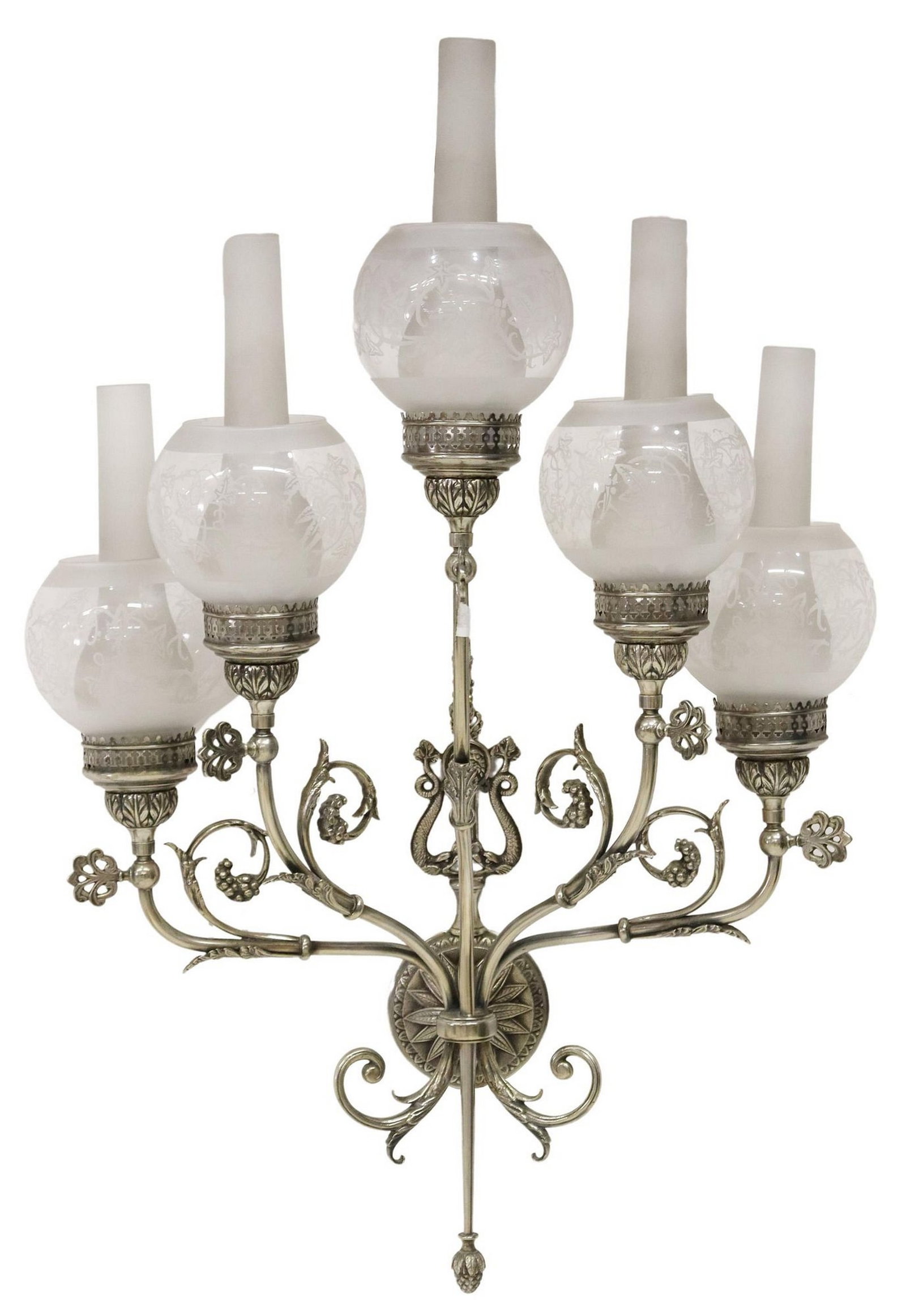 SPANISH SILVER-TONE METAL 5-LIGHT WALL SCONCE WITH GLOBES: Spanish five-light silver-tone metal wall sconce, lyre form finial fashioned from French dolphins, over floral pendant base, issuing five scrolled and foliate arms, supporting frosted hurricanes and f