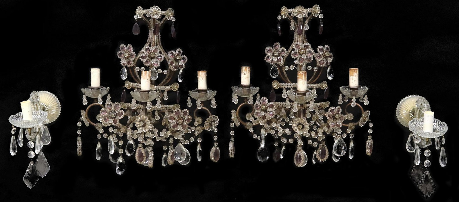 (4) ITALIAN METAL & CRYSTAL-HUNG FAUX CANDLE WALL SCONCES: (lot of 4) Italian metal and glass wall sconces, 20th c., each hung with faceted crystal pendalogues and beads, including: (pair) Italian Maria Teresa style single-light sconces, each having glas