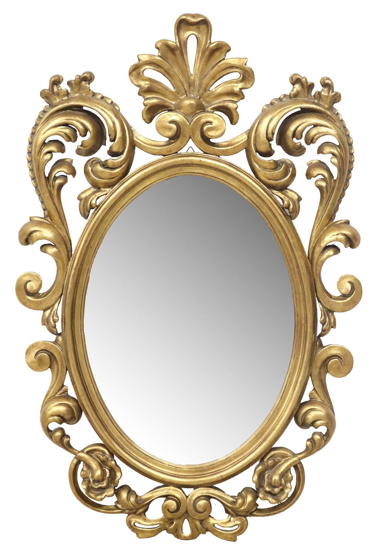 ITALIAN BAROQUE STYLE GILTWOOD OVAL MIRROR: Italian Baroque style giltwood mirror, 20th c., having scrolled foliate frame, encasing oval flat mirror plate, approx 51 3/8"h, 33"w, 21lbs