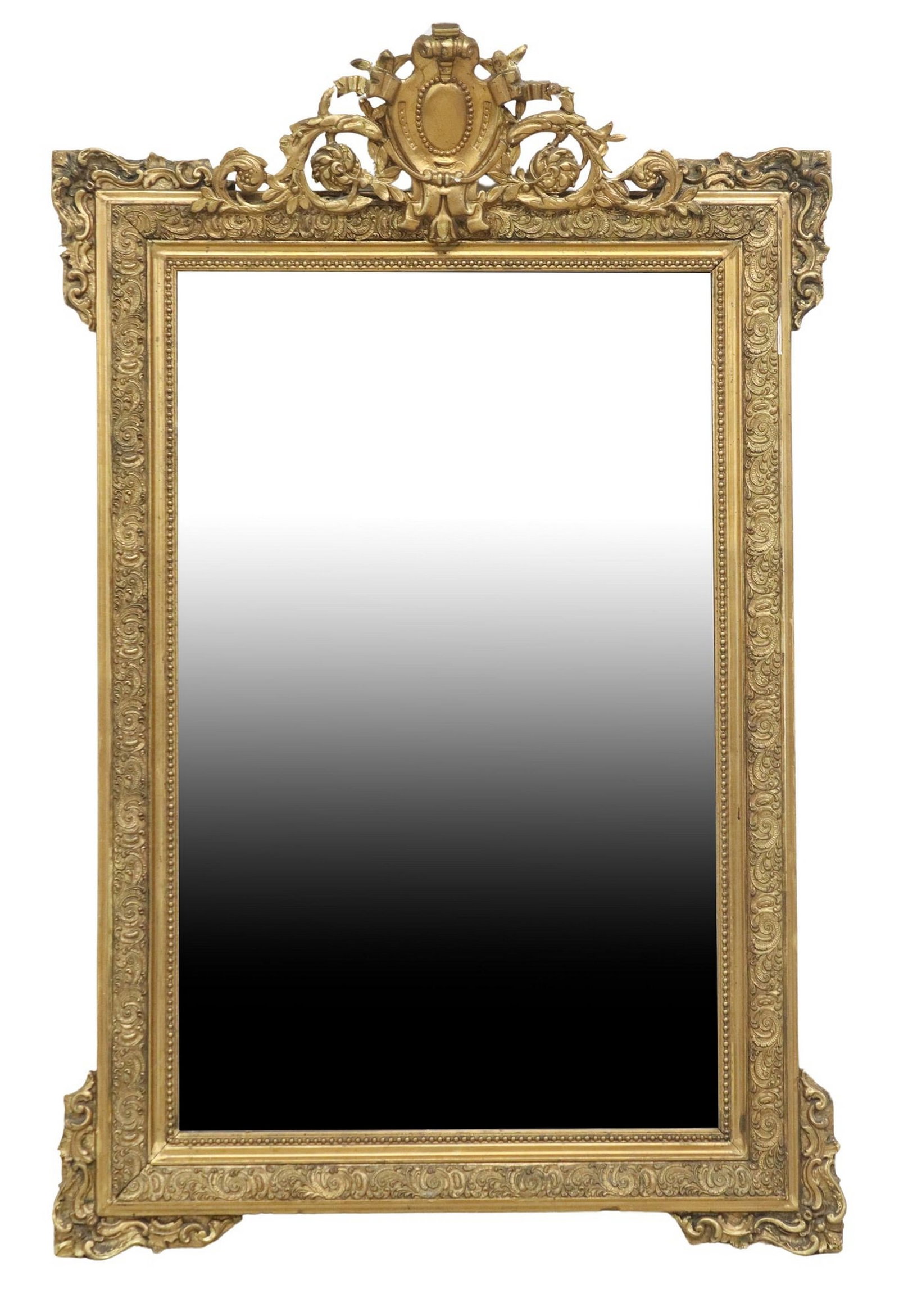 FRENCH LOUIS XVI STYLE GILT-PAINTED MIRROR, 50" X 32": French Louis XVI style gilt painted wall mirror, early 20th c., pierced gesso crest with central shield, flanked by floral motifs, above molded rectangular frame with beaded trim, encasing flat mirror
