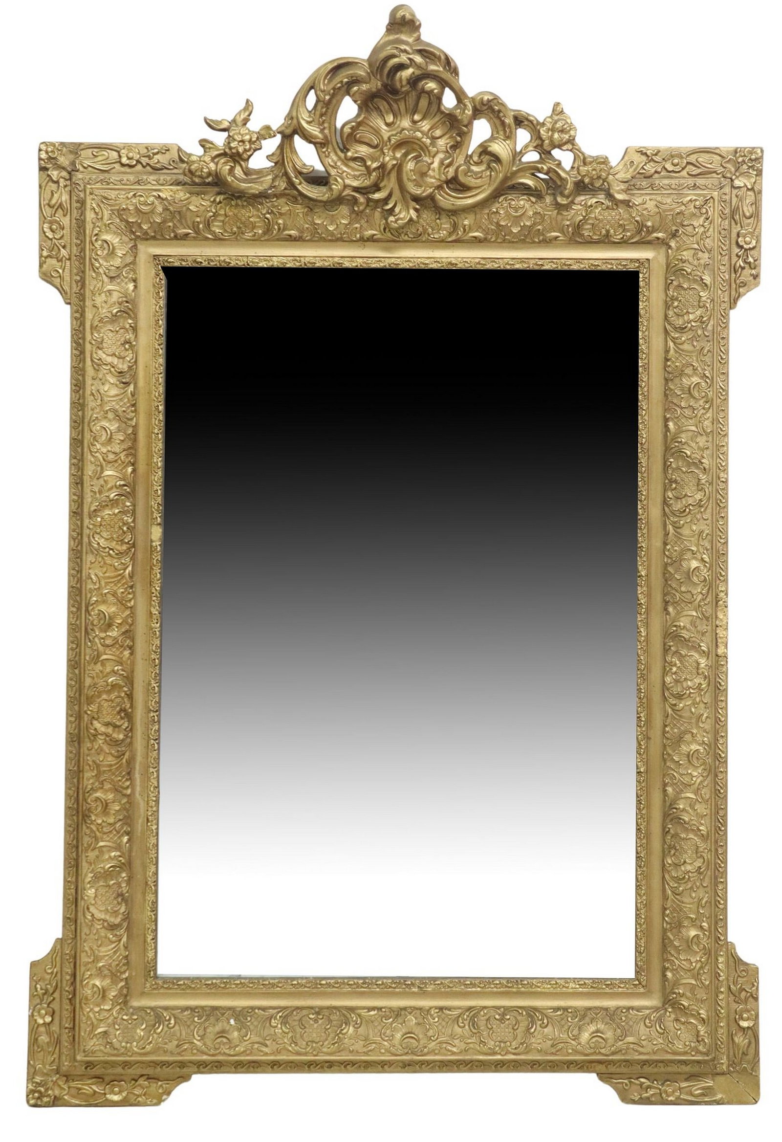 FRENCH LOUIS XVI STYLE GILT-PAINTED MIRROR, 50" X 33": French Louis XVI style gilt painted wall mirror, late 19th c., having fanned foliate gesso crest, above stepped rectangular frame with molded foliate scrollwork, encasing flat mirror plate, typical sm