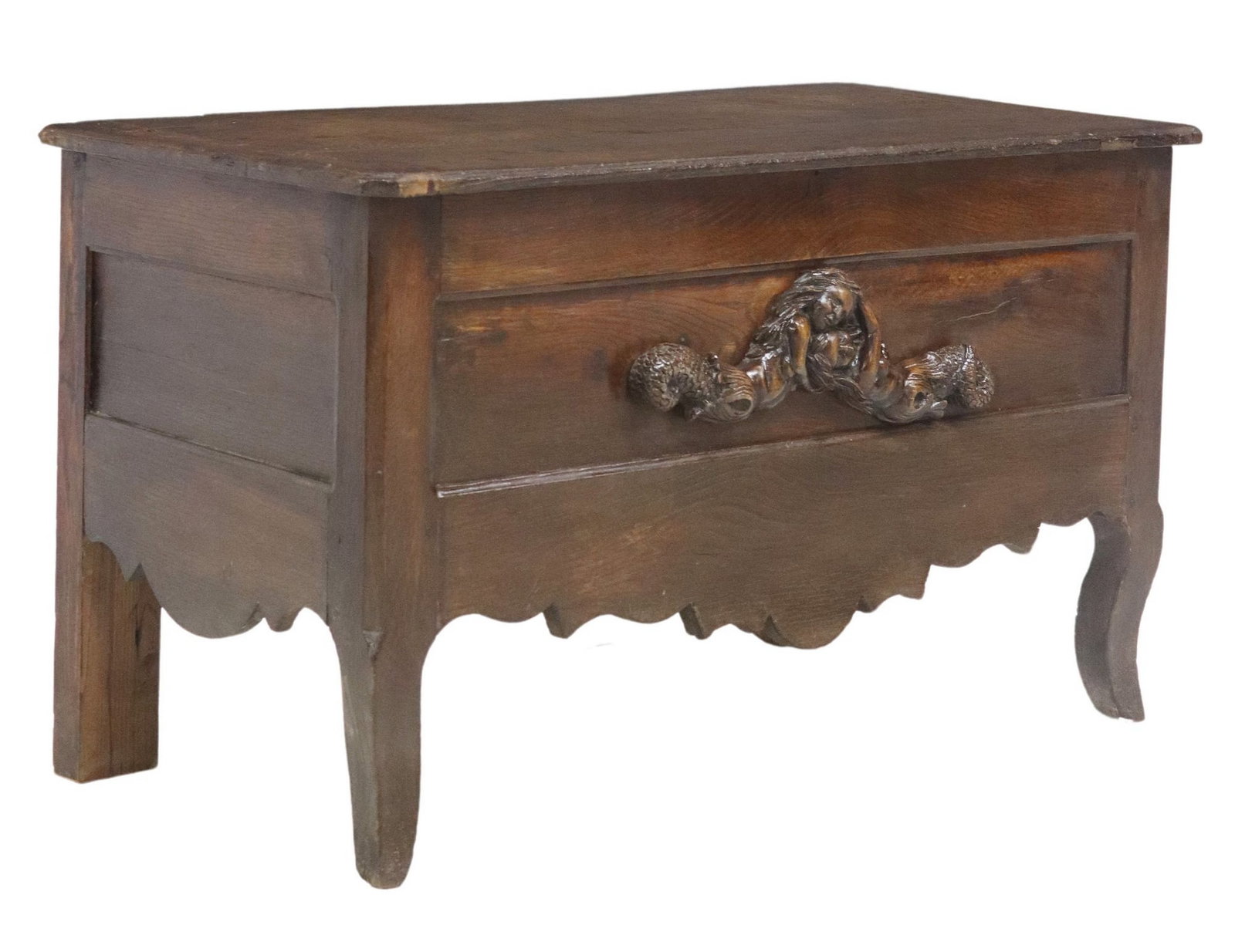 FRENCH PROVINCIAL CARVED COFFER/ STORAGE CHEST: French Provincial carved coffer/ storage chest, 19th c., having hinged top, open storage, figural female mermaids on front panel, rising on cabriole legs, approx 26.5"h, 46 1/8"w, 22.5"
