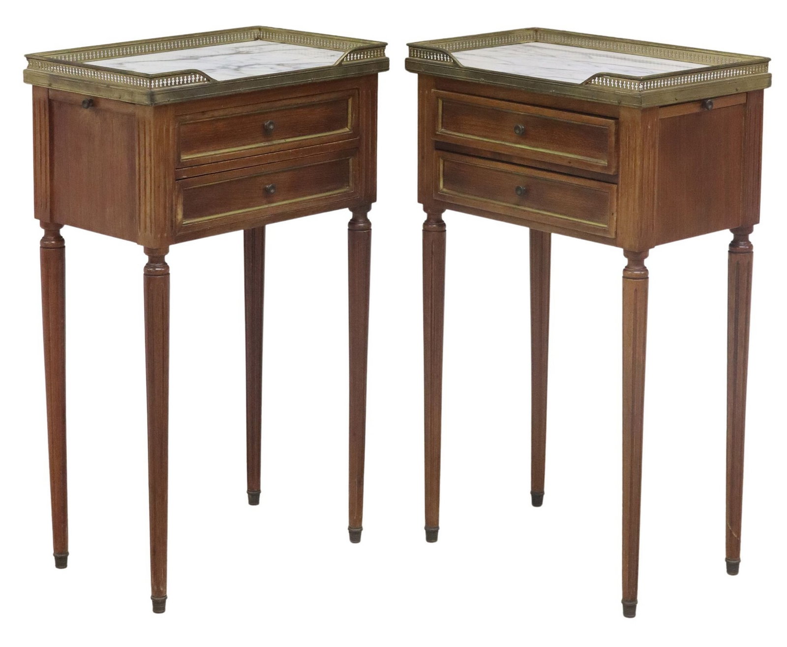 (2) FRENCH LOUIS XVI STYLE MARBLE-TOP MAHOGANY NIGHTSTANDS: (pair) French Louis XVI style mahogany nightstands, early 20th c., each having rectangular marble top, with pierced gilt metal three-quarter gallery, above two drawers, single pull-out slide with inse