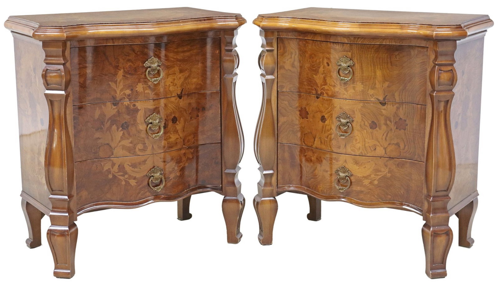 (2) ITALIAN CARONNI MARQUETRY BURLWOOD NIGHTSTANDS: (pair) Italian burlwood nightstands, Caronni Il Mobile Classico, late 20th c., each having shaped top, over conforming case fitted with three drawers, with floral marquetry and inlaid foliate scrollwo