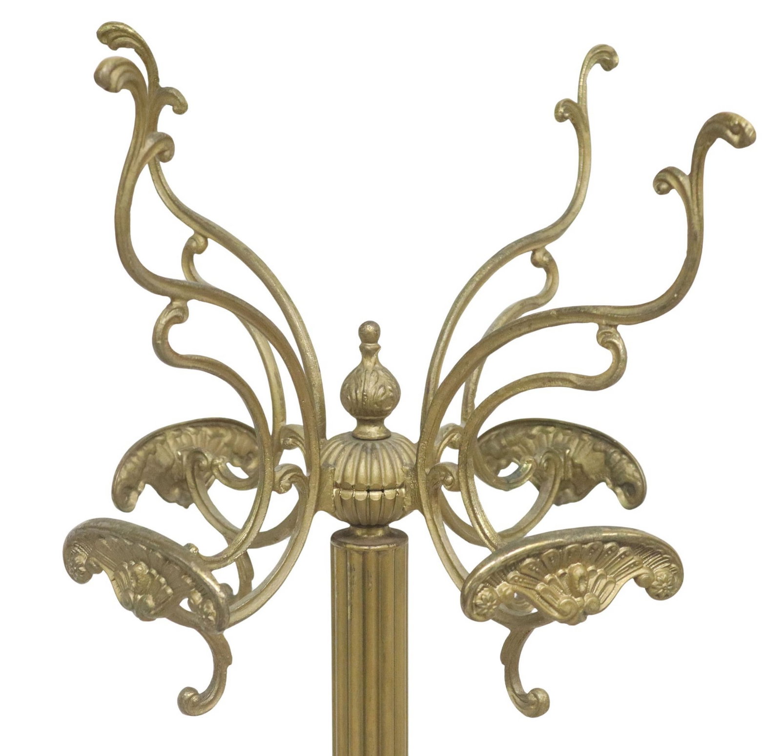 ITALIAN GILT METAL STANDING FIGURAL BASE HALL TREE: Italian gilt metal standing hall tree, early 20th c., having pointed finial flanked by four hat/ coat hooks, rising on fluted standard, ending on figural tripartite base, ending on paw feet, approx 68