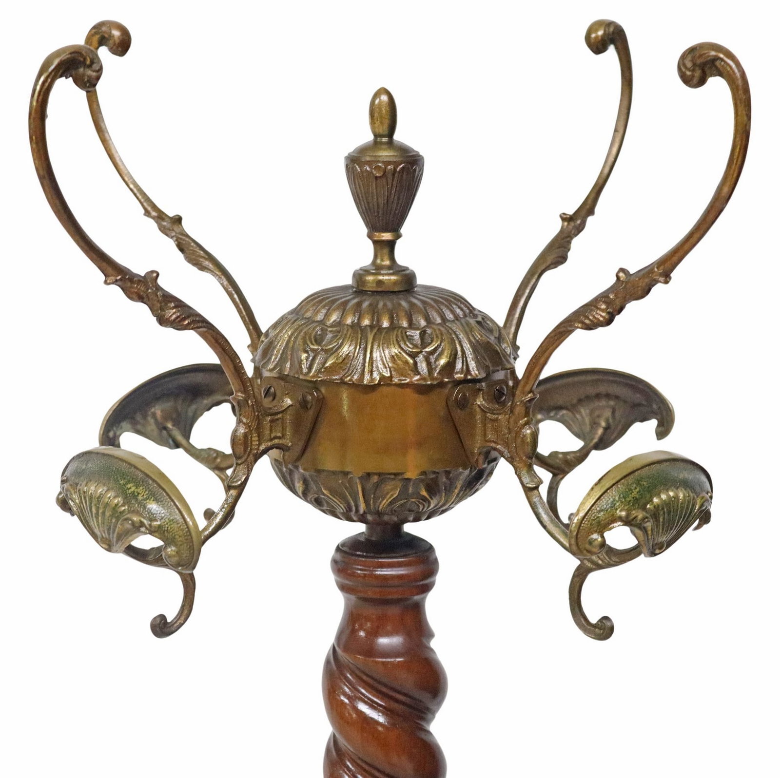 ITALIAN PATINATED METAL & CARVED WOOD HALL TREE: Italian patinated metal and carved wood hall tree, 20th c., having four scrolled top hooks, over twist standard, ending on tripodal supports, approx 67.5"h, 20 3/8"w
