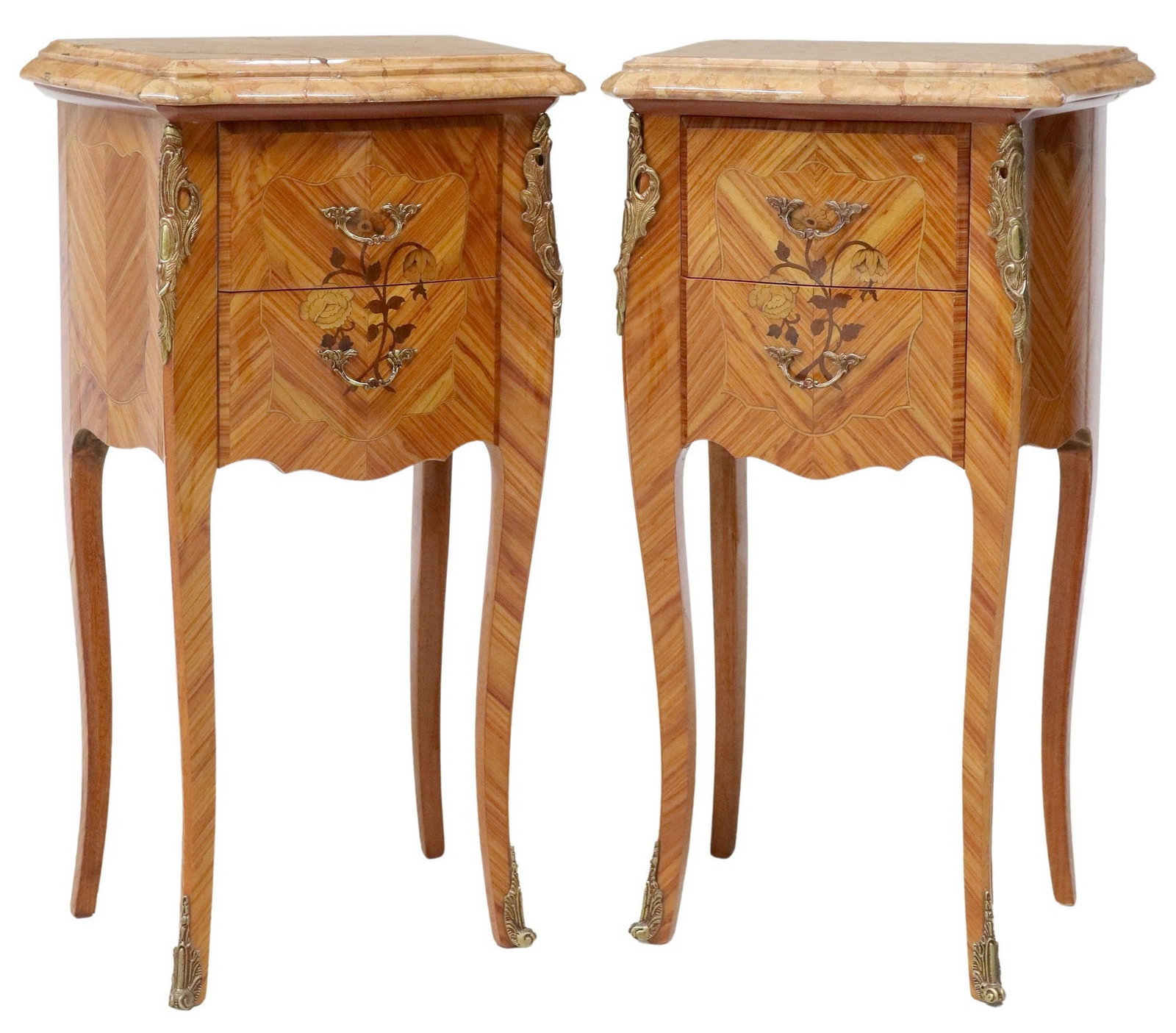 (2) FRENCH LOUIS XV STYLE MARBLE-TOP MARQUETRY NIGHTSTANDS: (pair) French Louis XV style matched veneer nightstands, 20th c., each having shaped marble top, above two drawers with inlaid floral marquetry, rising on cabriole legs, ending on sabots, one intact w