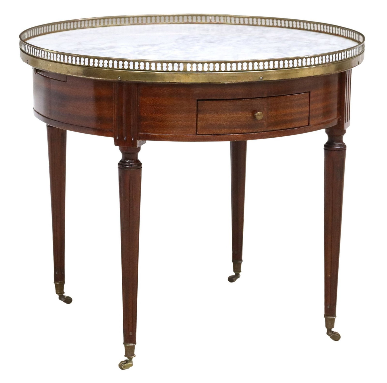 LOUIS XVI STYLE MARBLE-TOP MAHOGANY LOW BOUILOTTE COFFEE TABLE: French Louis XVI style mahogany coffee table/ low bouillotte table, 20th c., having circular marble top with pierced gilt metal gallery, above two drawers and two pull out slides, both with inset leat