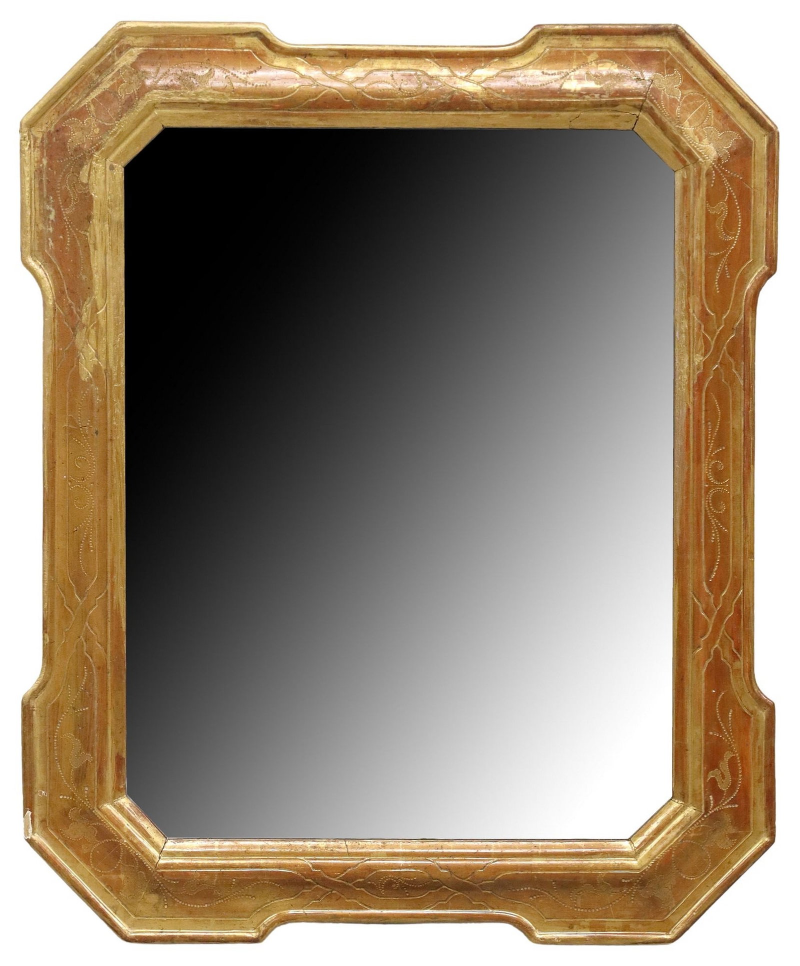 ITALIAN GILT PAINTED INCISED FOLIATES WALL MIRROR: Italian gilt painted wall mirror, 19th c., shaped frame with incised scrollwork and foliate motifs, encasing later flat mirror plate, approx 34.5"h, 28.5"w, 20lbs