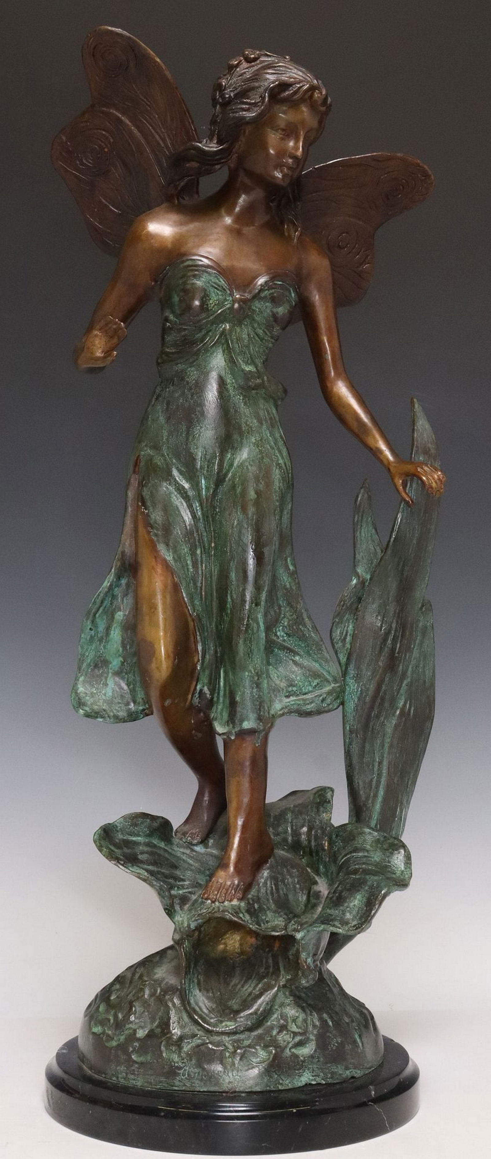 ART NOUVEAU STYLE PATINATED BRONZE SCULPTURE: Patinated bronze sculpture, Nymph, signed in the cast after Auguste Moreau, on a black marble base, overall: approx 23"h, 8"diam, 18.75lbs