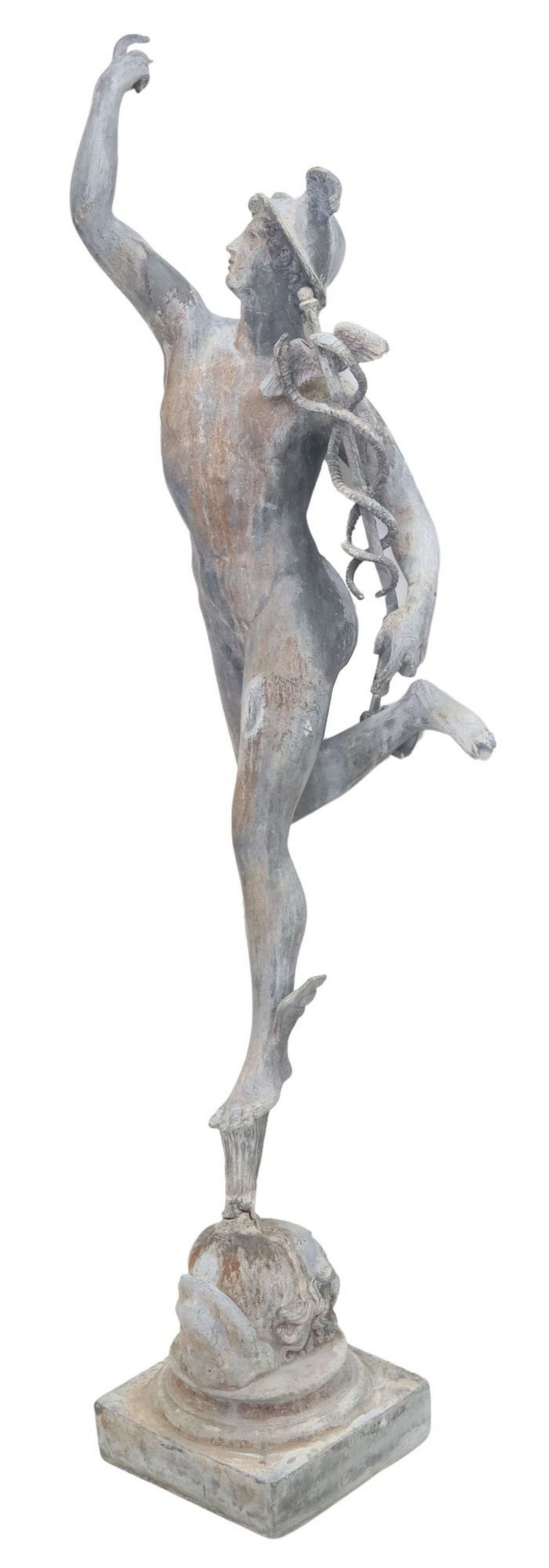 AFTER GIAMBOLOGNA (1529-1608) METAL GARDEN SCULPTURE, MERCURY, 44.75"H: The patinated metal statue, Mercury, after the model by Giambologna (1529-1608), leaning, figure is not currently free-standing, approx 44.75"h, 11"w, 16"d **PLEASE NOTE: All of the cas