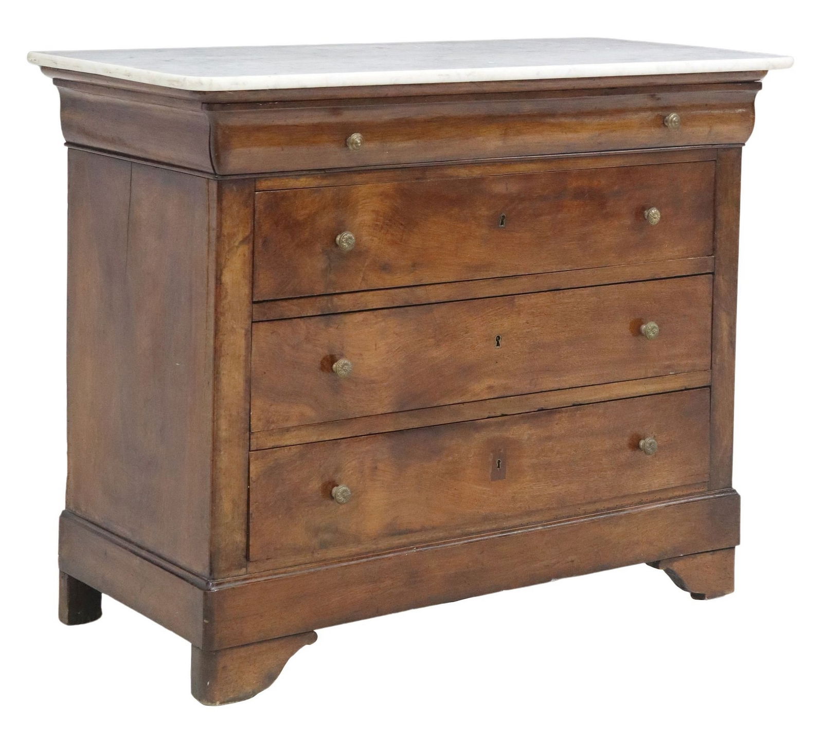 FRENCH LOUIS PHILIPPE PERIOD MARBLE-TOP WALNUT COMMODE: French Louis Philippe walnut commode, mid 19th c., having marble top, over frieze drawer, and three standard drawers, rising on bracket feet, marble intact with hairlines, approx 37"h, 46&qu