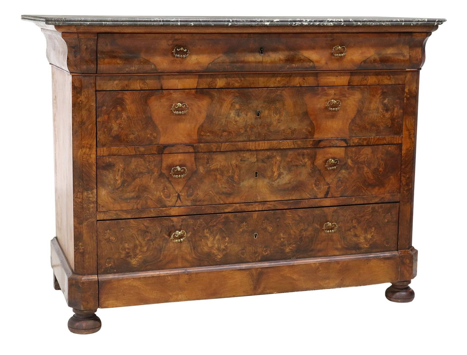 FRENCH LOUIS PHILIPPE MARBLE-TOP BURLED WALNUT COMMODE: French Louis Philippe period figured walnut commode, mid 19th c., having marble top, above four drawers, rising on bun feet, approx 36.5"h, 49.5"w, 23"d