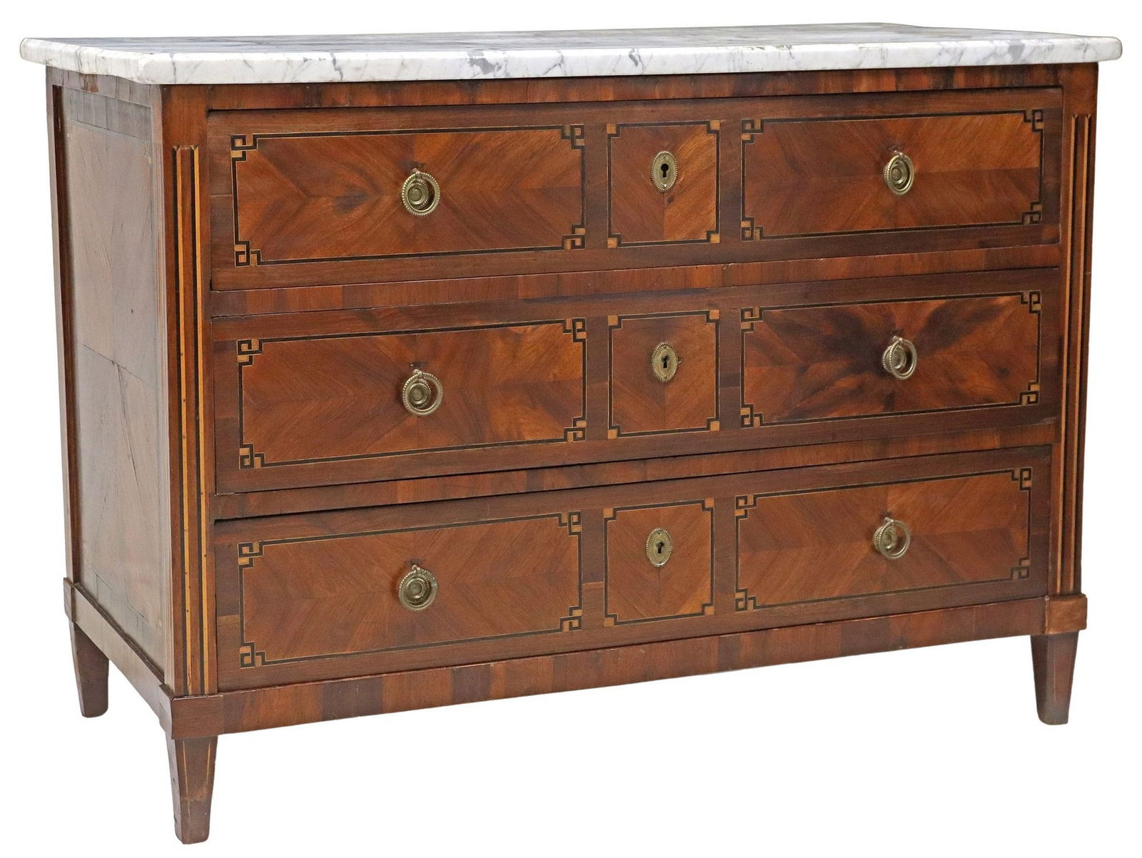ITALIAN NEOCLASSICAL INLAID COMMODE: Italian Neoclassical commode, early 19th c., three parquetry-banded drawers, corner posts with inlaid fluting, on tapering square legs, restorations, approx 33.5"h, 47"w, 23"d
