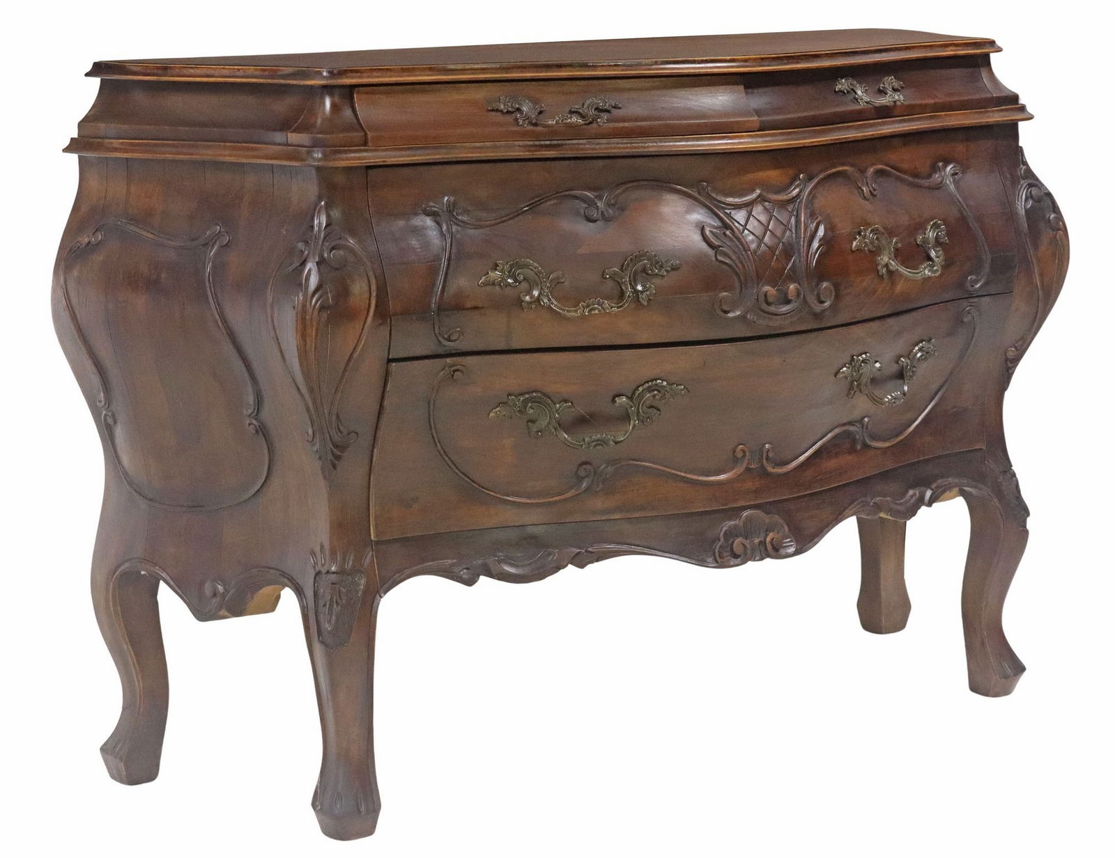 FRENCH LOUIS XV STYLE FOUR-DRAWER BOMBE COMMODE: French Louis XV style bombe commode, 20th c., two half drawers, over two full-length drawers, rising on cabriole legs, ending in trifid feet, approx 33"h, 48.75"w, 21"d