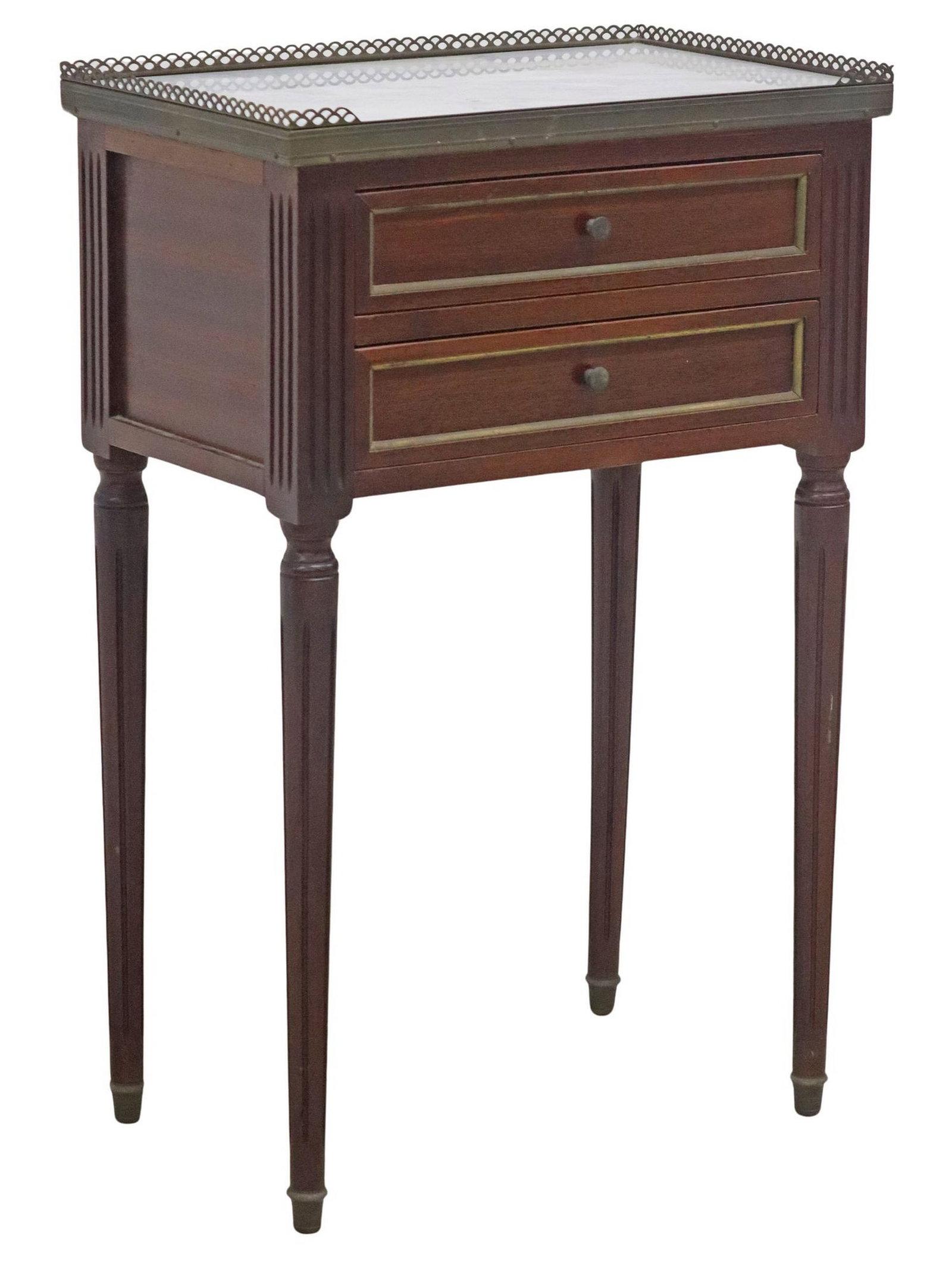 FRENCH LOUIS XVI STYLE MARBLE-TOP MAHOGANY NIGHSTAND/ SIDE TABLE: French Louis XVI style mahogany side table/ nightstand, 20th c., having inset marble top with pierced gilt metal three-quarter gallery, over two drawers, rising on fluted tapered legs, ending on brass