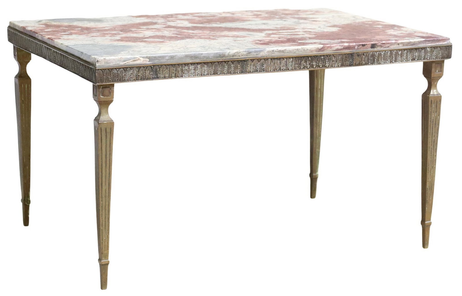 ITALIAN MARBLE-TOP BRASS COFFEE TABLE: Italian brass coffee table, early 20th c., having rectangular marble top and molded apron, rising on fluted and tapered supports, approx 16"h, 27"w, 19"d