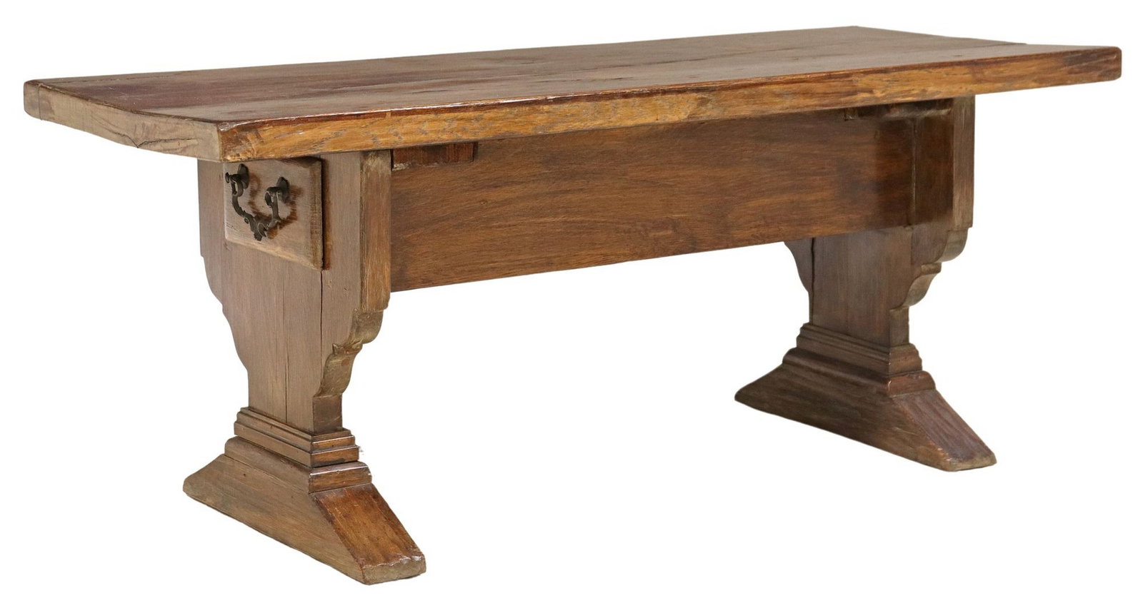 ITALIAN OAK COFFEE TABLE: Italian oak coffee table, 20th c., having rectangular top, over two drawers, metal pulls, trestle supports, ending on molded base, top intact with restorations, approx 18 1/8"h, 43 3/8"w, 18