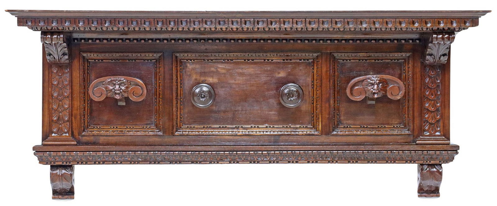 ITALIAN RENAISSANCE REVIVAL WALL-MOUNTED COAT RACK: Italian Renaissance Revival walnut wall-mounted hat/ coat rack, early 20th c., having molded cornice, running ornamentation, issuing four hooks, scrolled foliate accents, approx 25.25"h, 59.