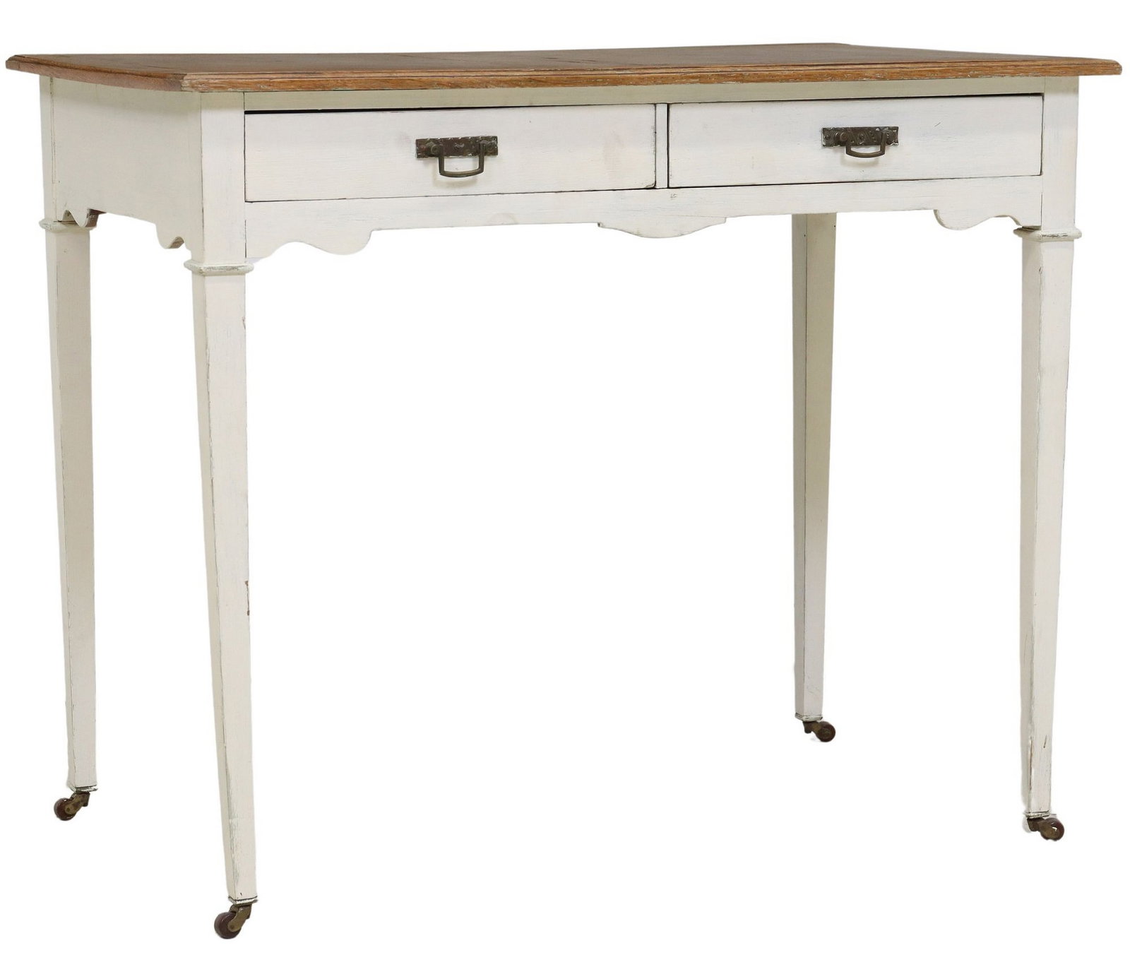 ENGLISH PAINTED TWO-DRAWER TABLE: English table, having rectangular figuresd wood top, over painted base with two drawers, metal pulls, rising on tapered legs, ending on casters, approx 30"h, 36 1/8"w, 22 1/8"d