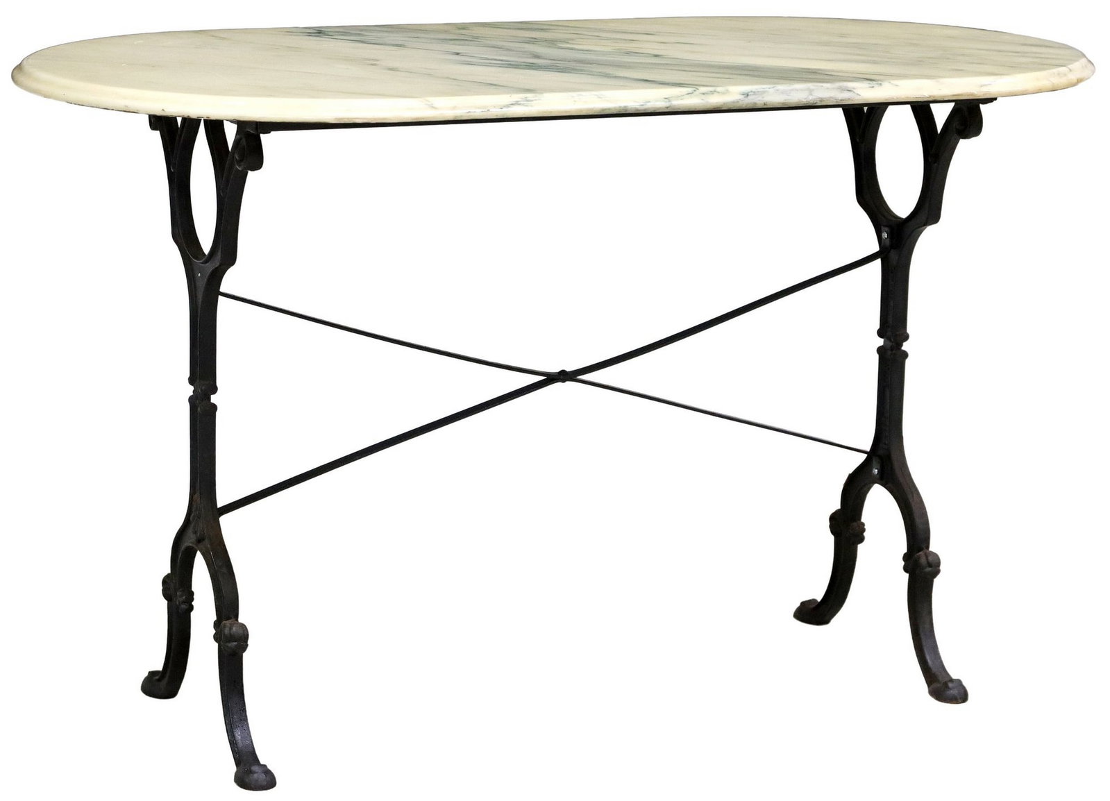 FRENCH MARBLE-TOP CAST IRON BISTRO TABLE: French marble-top bistro table, 20th c., cast iron base, approx 28 3/8"h, 47.25"w, 25 5/8"d