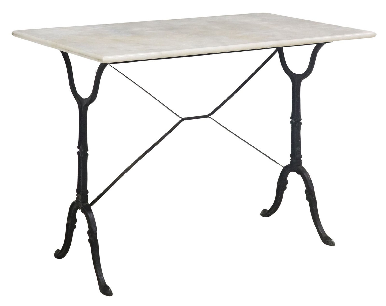 FRENCH MARBLE-TOP CAST IRON BISTRO TABLE: French marble-top bistro table, 20th c., cast iron base, approx 28 7/8"h, 39 3/8"w, 23 5/8"d