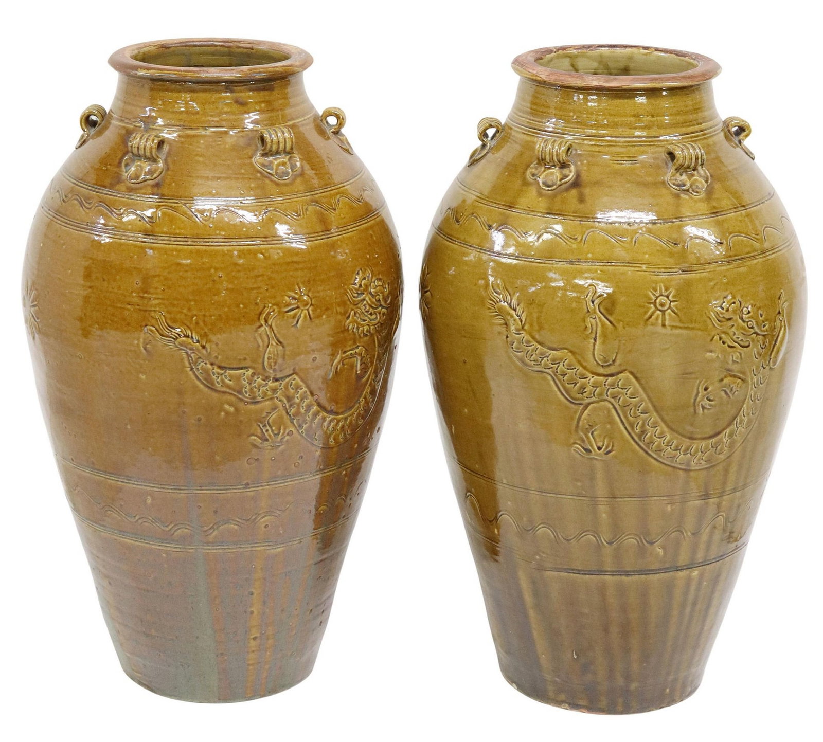 (2) LARGE CHINESE OCHRE GLAZED DRAGON VASES, 26"H: (pair) Large Chinese glazed earthenware vases, each in an ochre glaze, having rolled rim over scrolled handles, tapered body with incised dragons, flowers, and geometric motifs, approx 26"h, 14&q