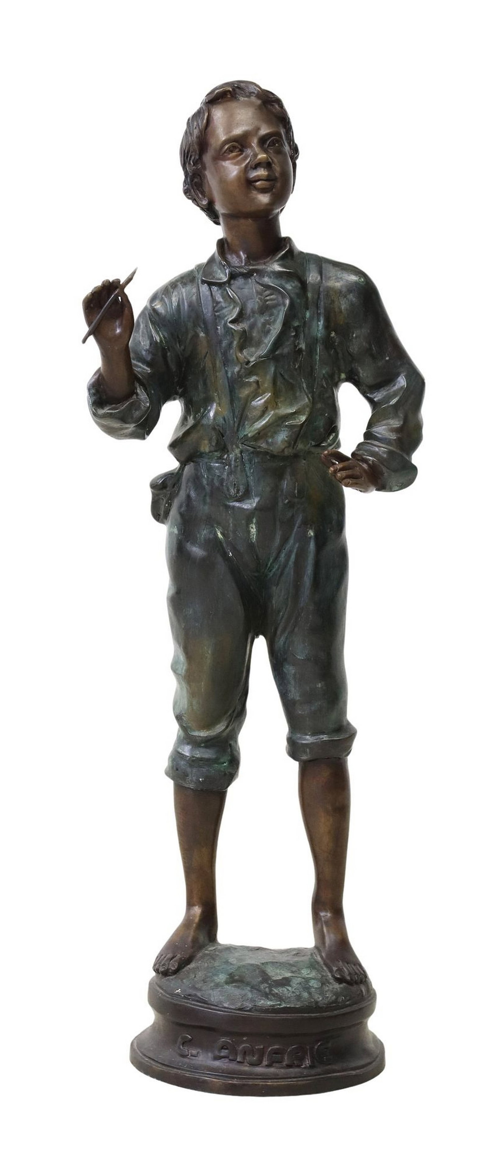 AFTER CHARLES ANFRIE (1833-1905), BRONZE SCULPTURE OF A STREET URCHIN: Patinated bronze sculpture, "Street Urchin", signed in cast after the original by Charles Anfrie (French, 1833-1905), approx 34.75"h, 12.5"w, 9.5"d, 25.5lbs