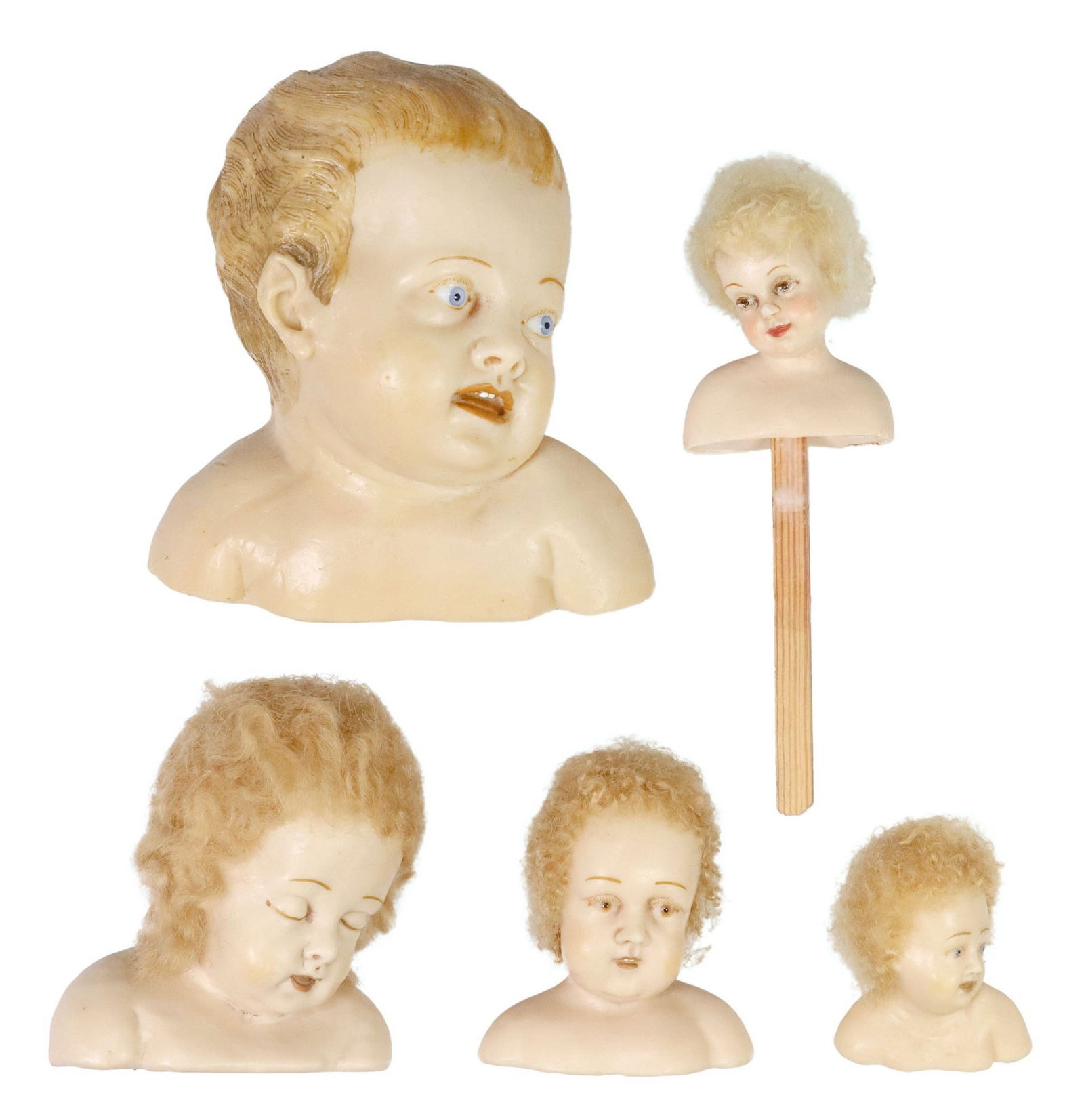 (5) REALISTIC PAINTED WAX CRECHE FIGURES BUSTS OF THE CHRIST CHILD: (lot of 5) Wax sculptures, each depicting the head of a baby, with painted facial features, (three) with inset glass eyes, (four) with applied curly blonde hair, largest: approx 6.5"h, 6.25"