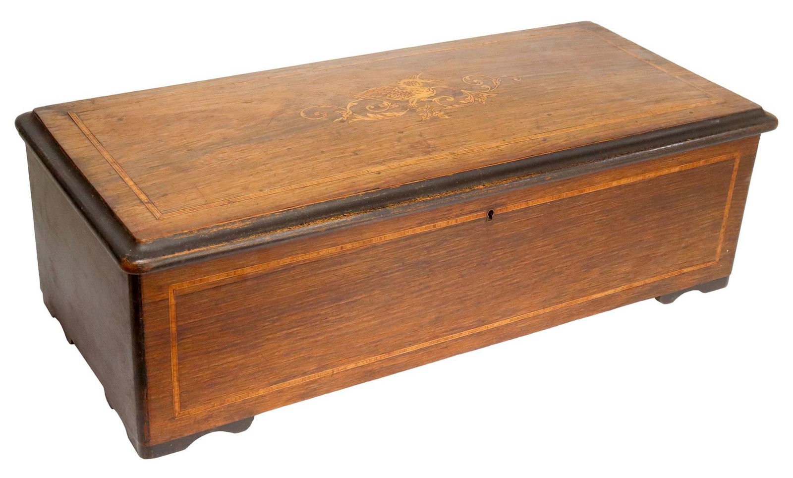 CONTINENTAL MARQUETRY TABLE BOX OR MUSIC BOX CASE: Continental table box, likely originally a case for a cylinder music box, cover with marquetry swan, open interior, on bracket feet, approx 7.25"h, 22.75"w, 10.25"d, 9.5lbs