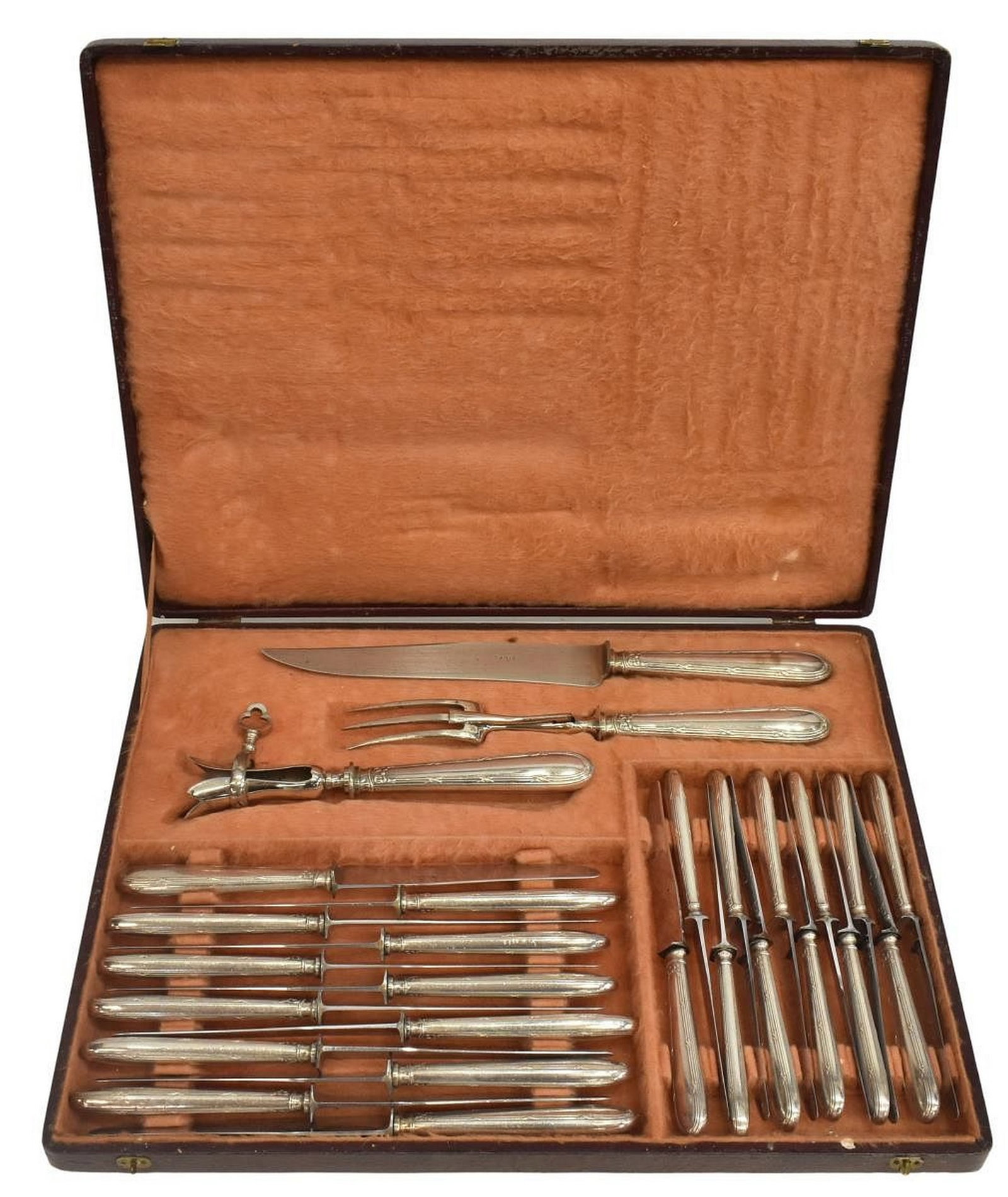 (27) FRENCH SILVERPLATE FLATWARE KNIVES & CARVING SET: (lot of 27) French silverplate flatware, hollow handles with ribbon pattern, blades marked Paris, including: (12) knives, approx 9.75"l, (12) knives, approx 8"l, (2 piece) carving set, knife