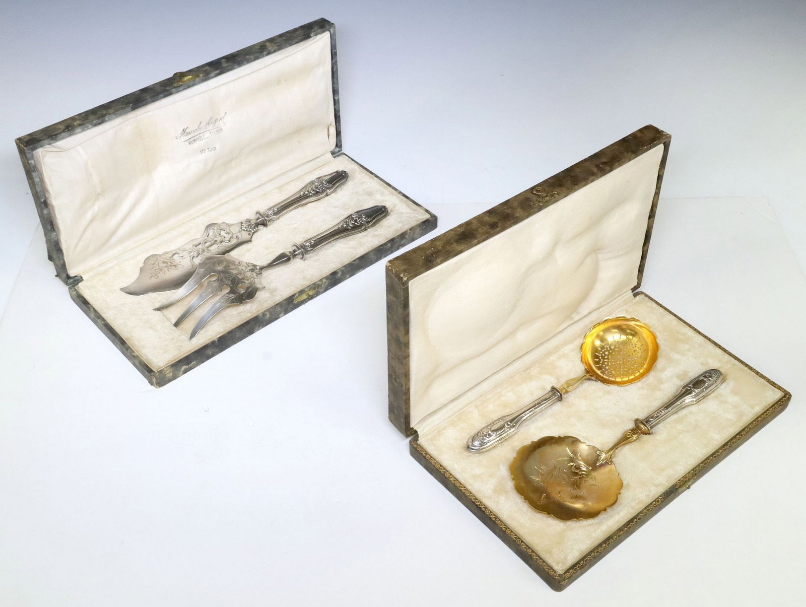 (4) FRENCH SILVER HOLLOW HANDLE FISH SERVER & DESSERT SET: (lot of 4) French .800 silver hollow-handle flatware, including: (2 piece) fish serving set, Minerva hallmark, maker's mark FML (?), (one) fork, approx 10 1/8"l, (one) fish slice/ k