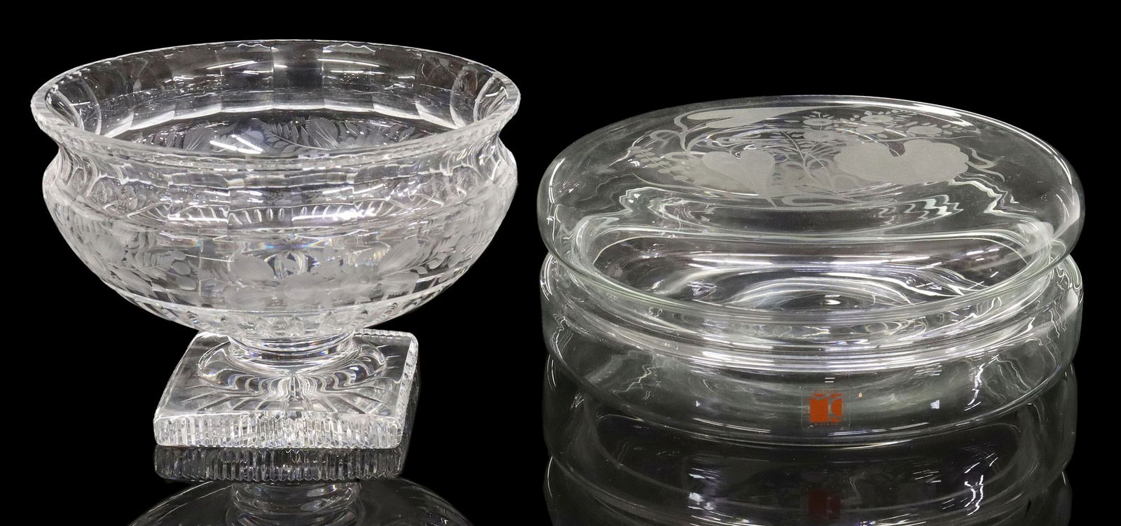 (2) GLASS CENTERPIECE COMPOTE & CARLO MORETTI MURANO ROUND BOX: (lot of 2) Glass, including: (1) round box and cover, Carlo Moretti, Murano, Italy, cover with etched floral and foliate motifs, retaining retail label, small chips to inner fitter rings, approx 4.25&
