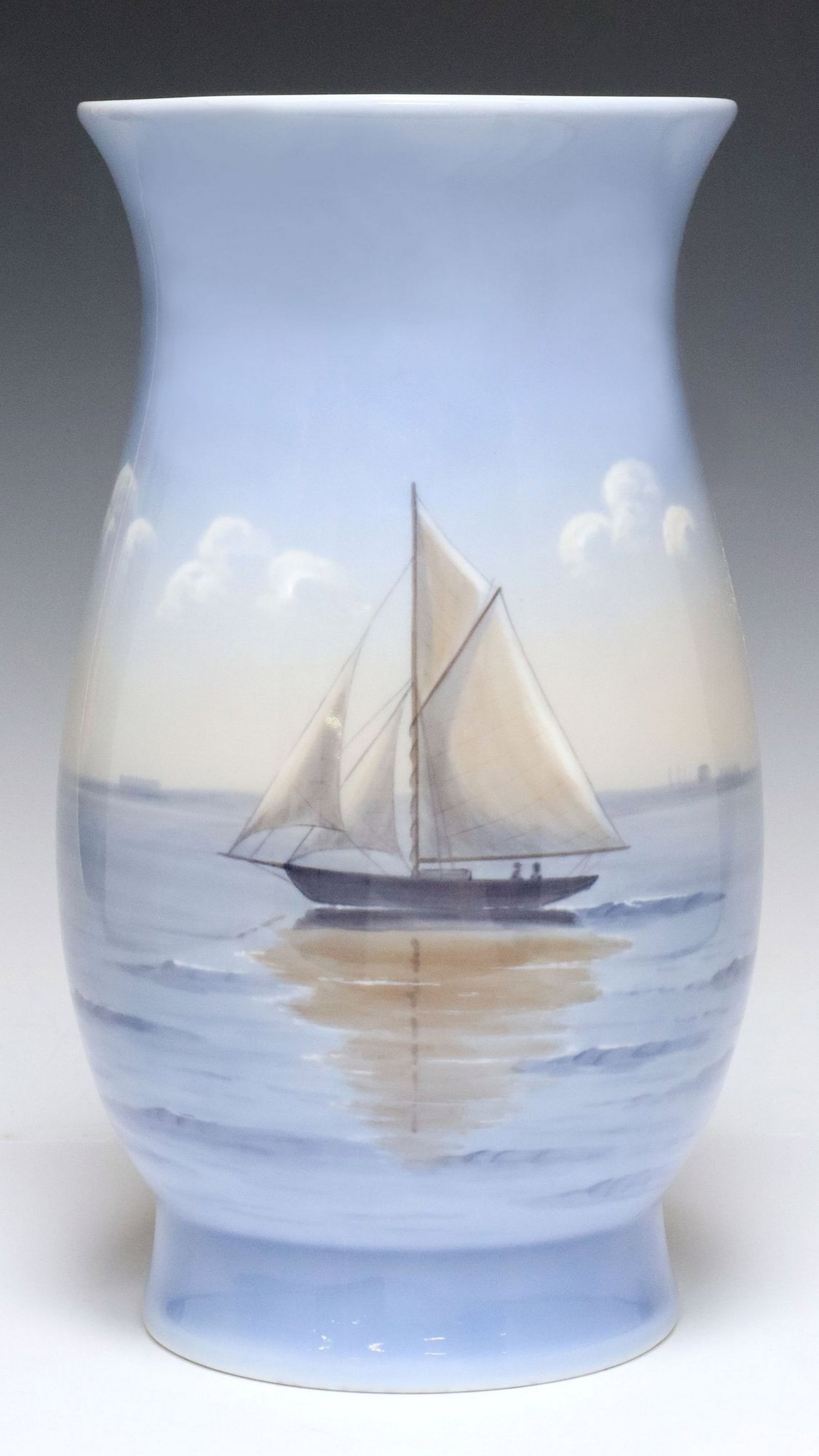 DANISH BING & GRONDAHL PORCELAIN VASE WITH SAILING SHIP 810-5440: Danish porcelain vase, Bing & Grøndahl, 20th c., painted with a sailboat on calm waters, motif no. 810, shape no. 5440, retailed by A. Passalacqua, Genova, approx 11 7/8"h, 6 7/8&
