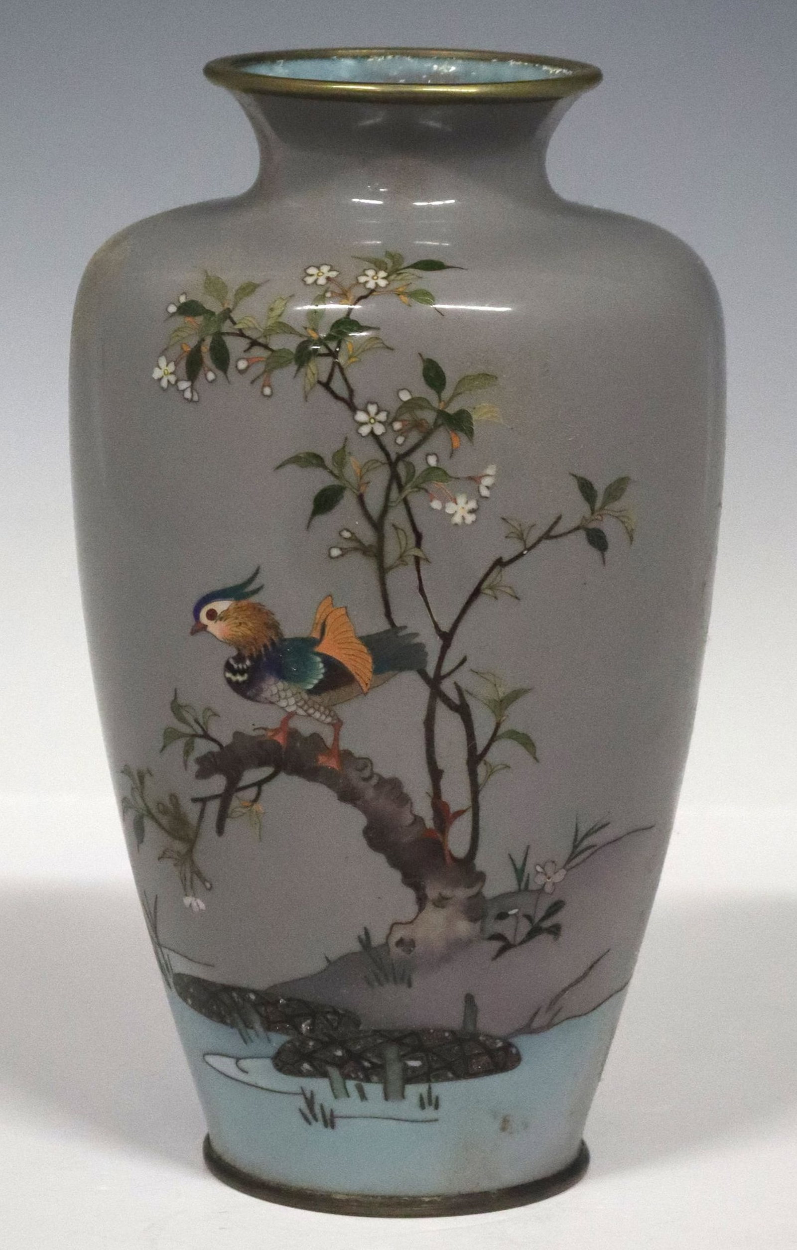 JAPANESE YUSEN & MUSEN ENAMEL MANDARIN DUCK VASE: Japanese yusen and musen cloisonne enamel vase, likely Meiji period (1868-1912), with mandarin duck perched on branch above a pond, approx 7.25"h, 4"diam, 0.75lbs